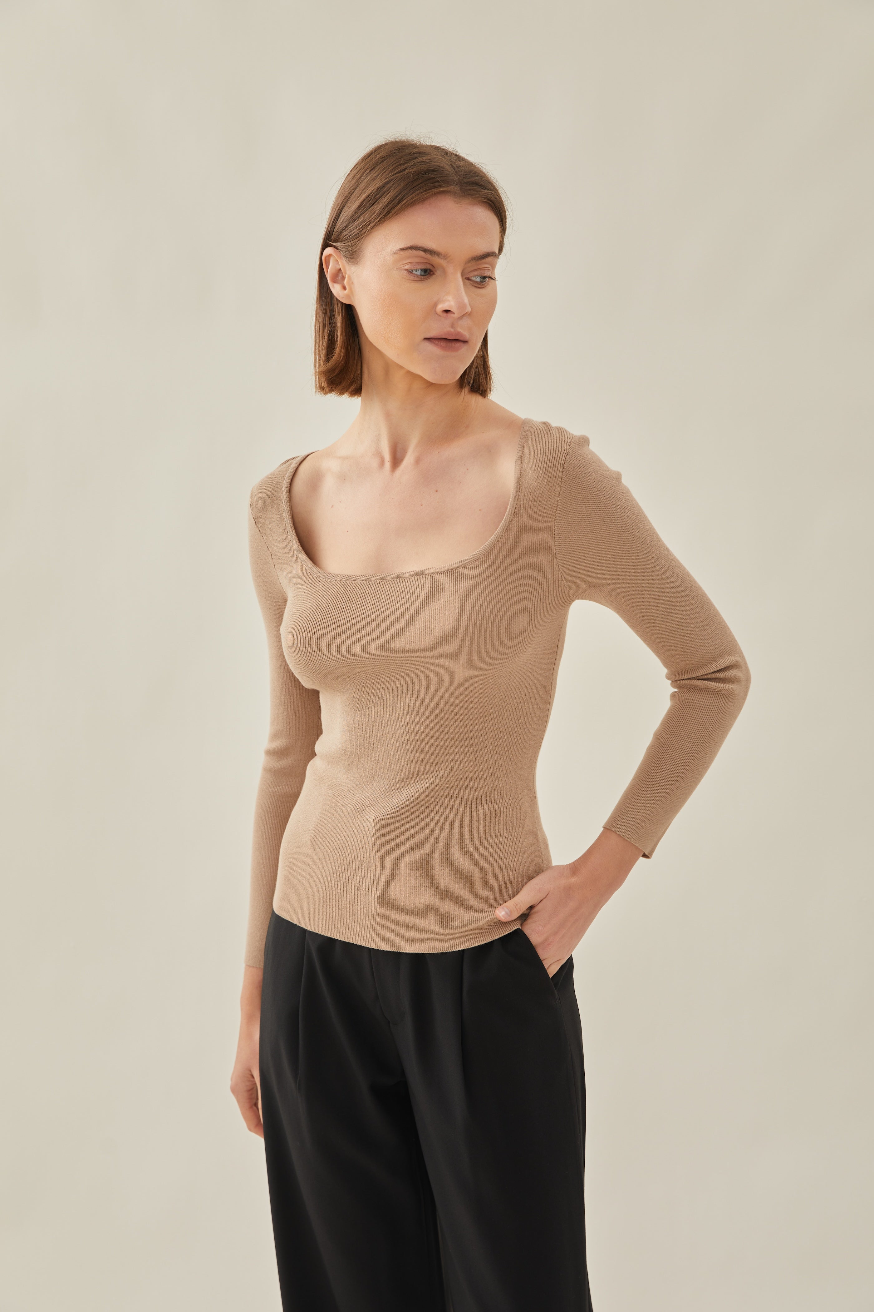 Rounded Square Neck Knit Top in Hay