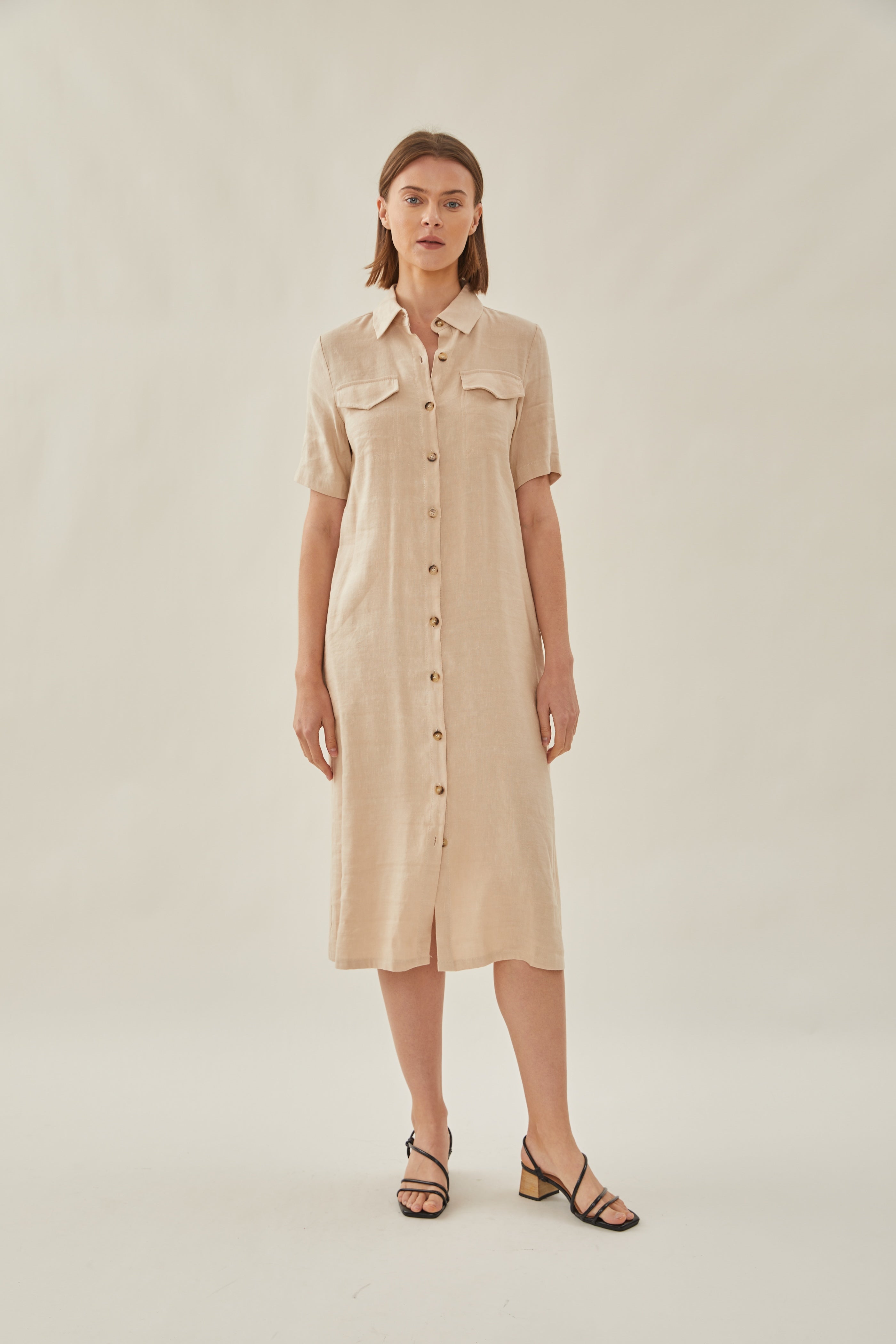 Linen Shirt Midi Dress in Oatmeal