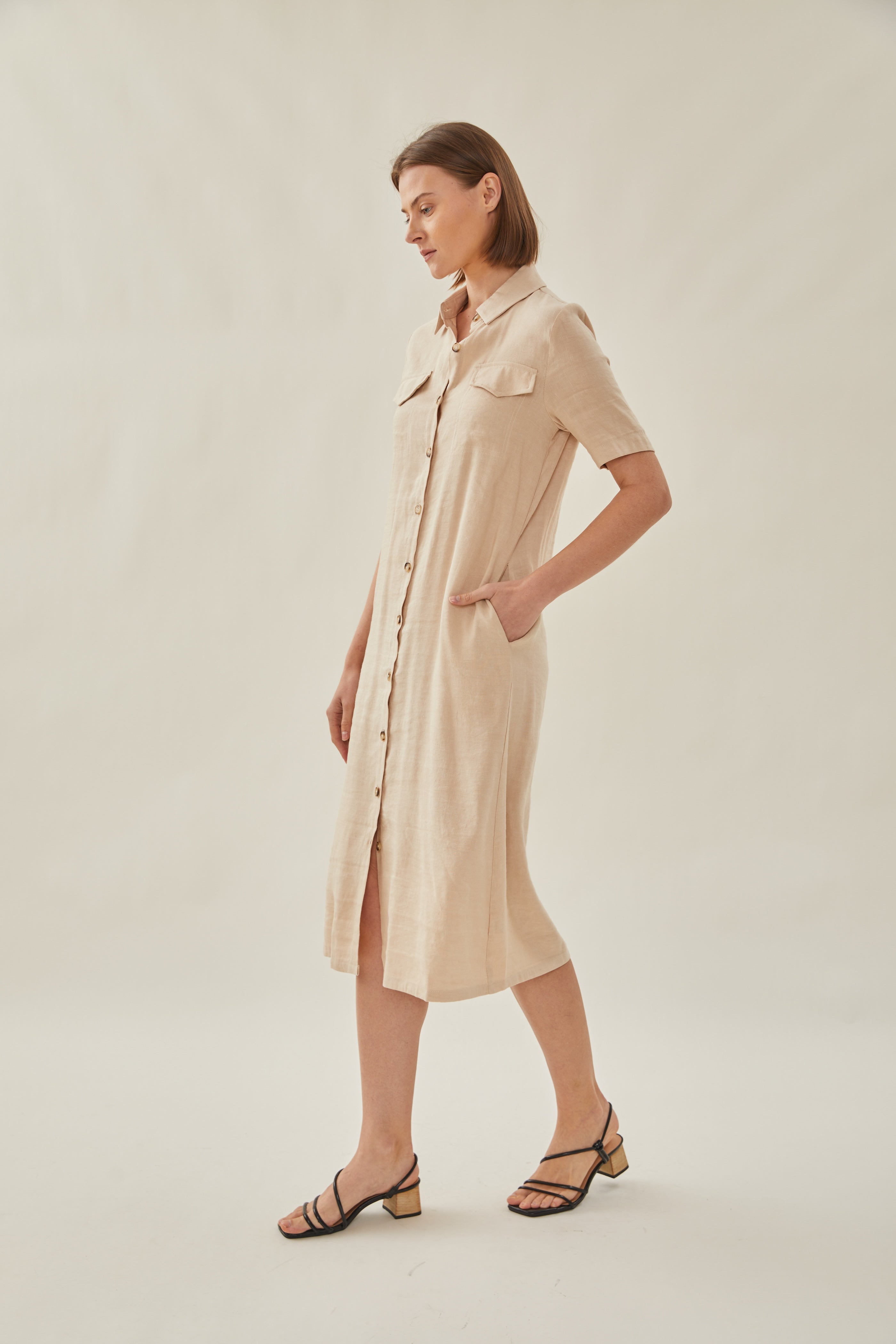 Linen Shirt Midi Dress in Oatmeal