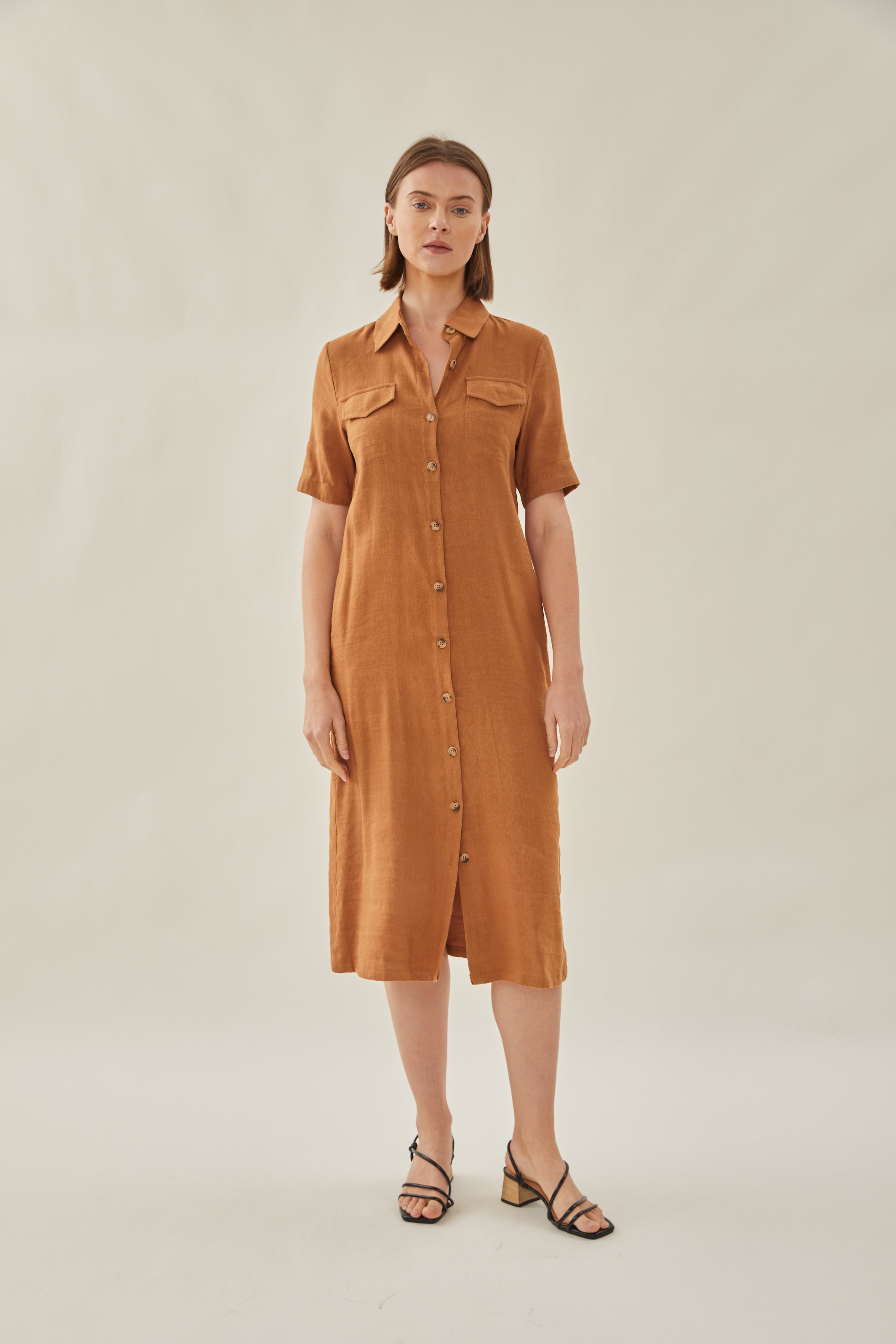 Linen Shirt Midi Dress in Brown