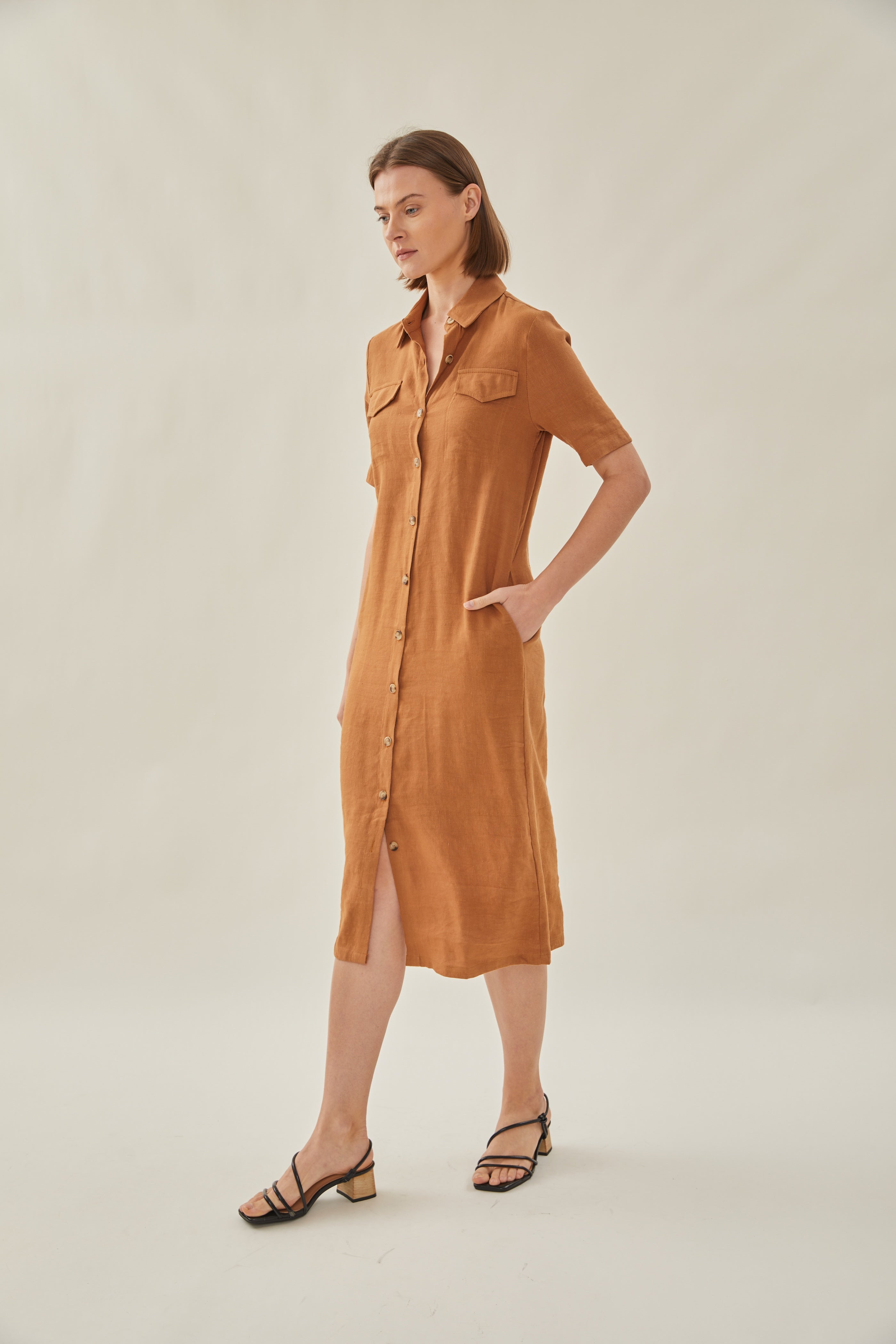 Linen Shirt Midi Dress in Brown
