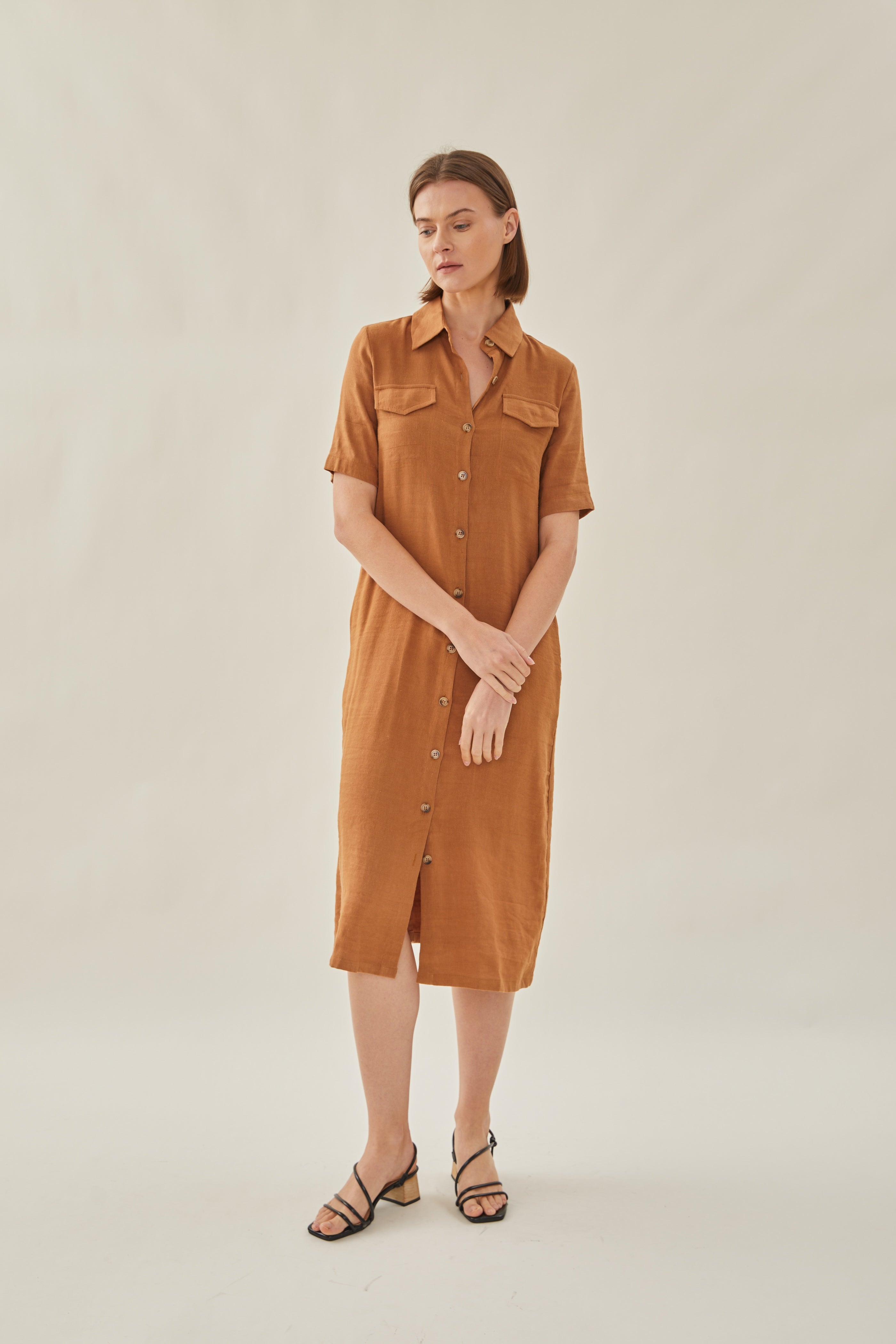 Linen Shirt Midi Dress in Brown