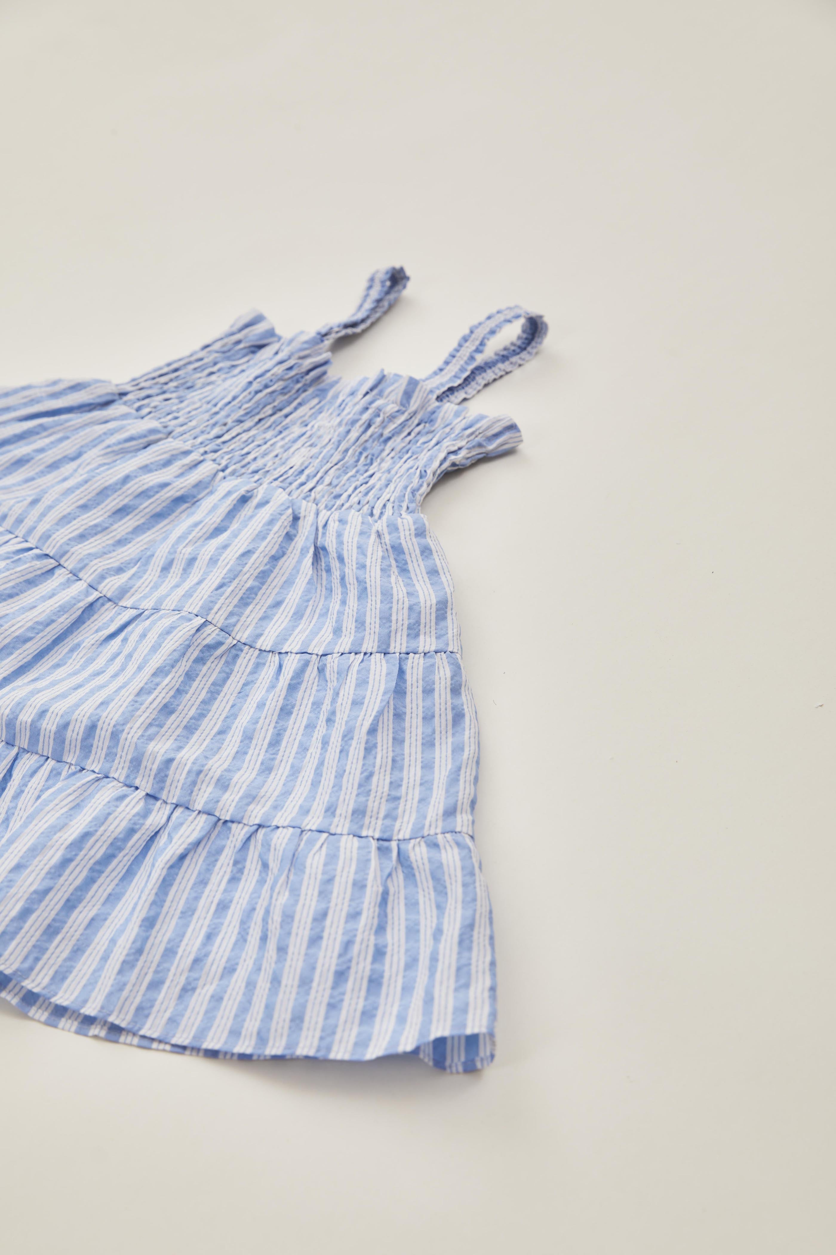 Mini Tiered Smocked Dress in Stripe Blue