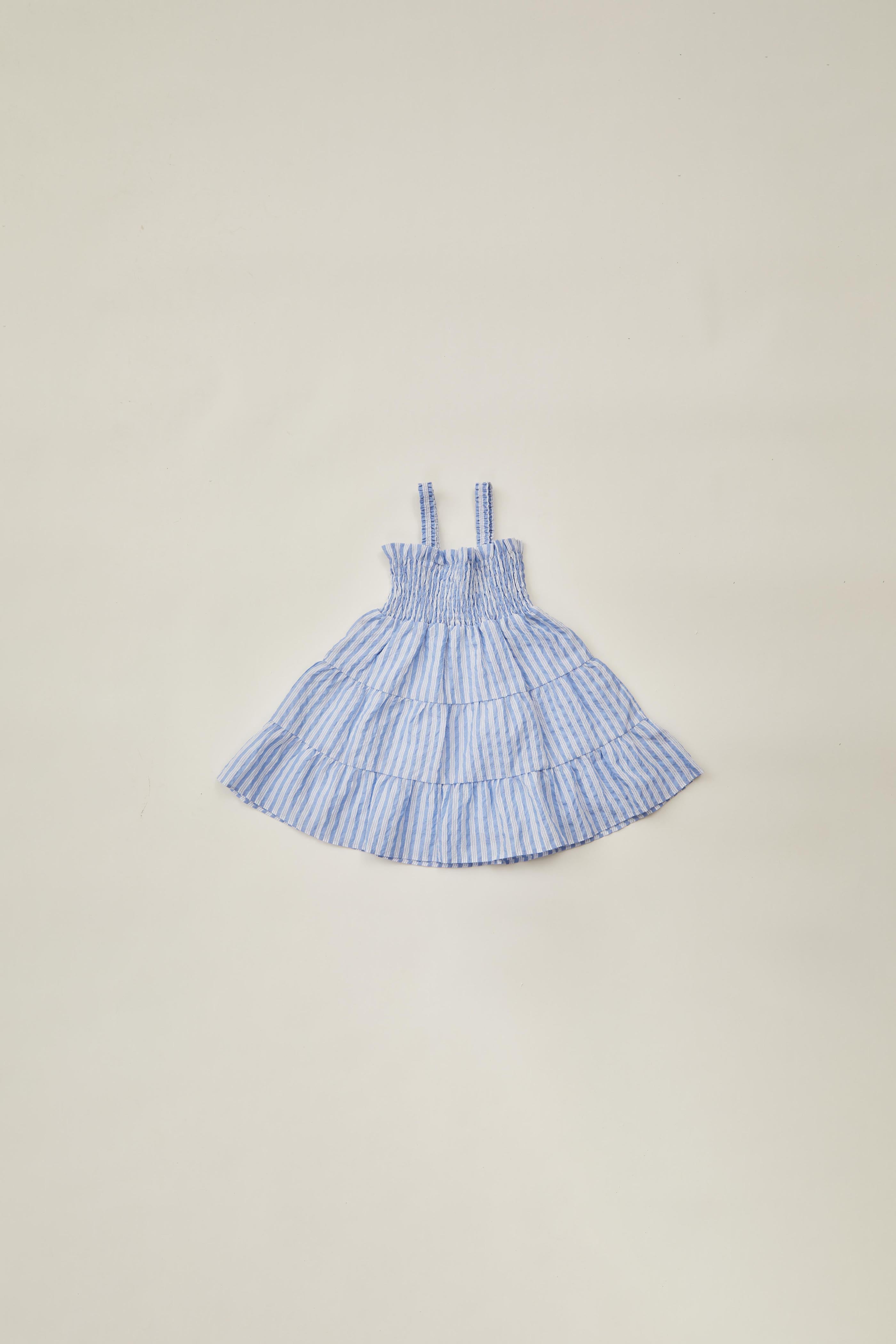 Mini Tiered Smocked Dress in Stripe Blue