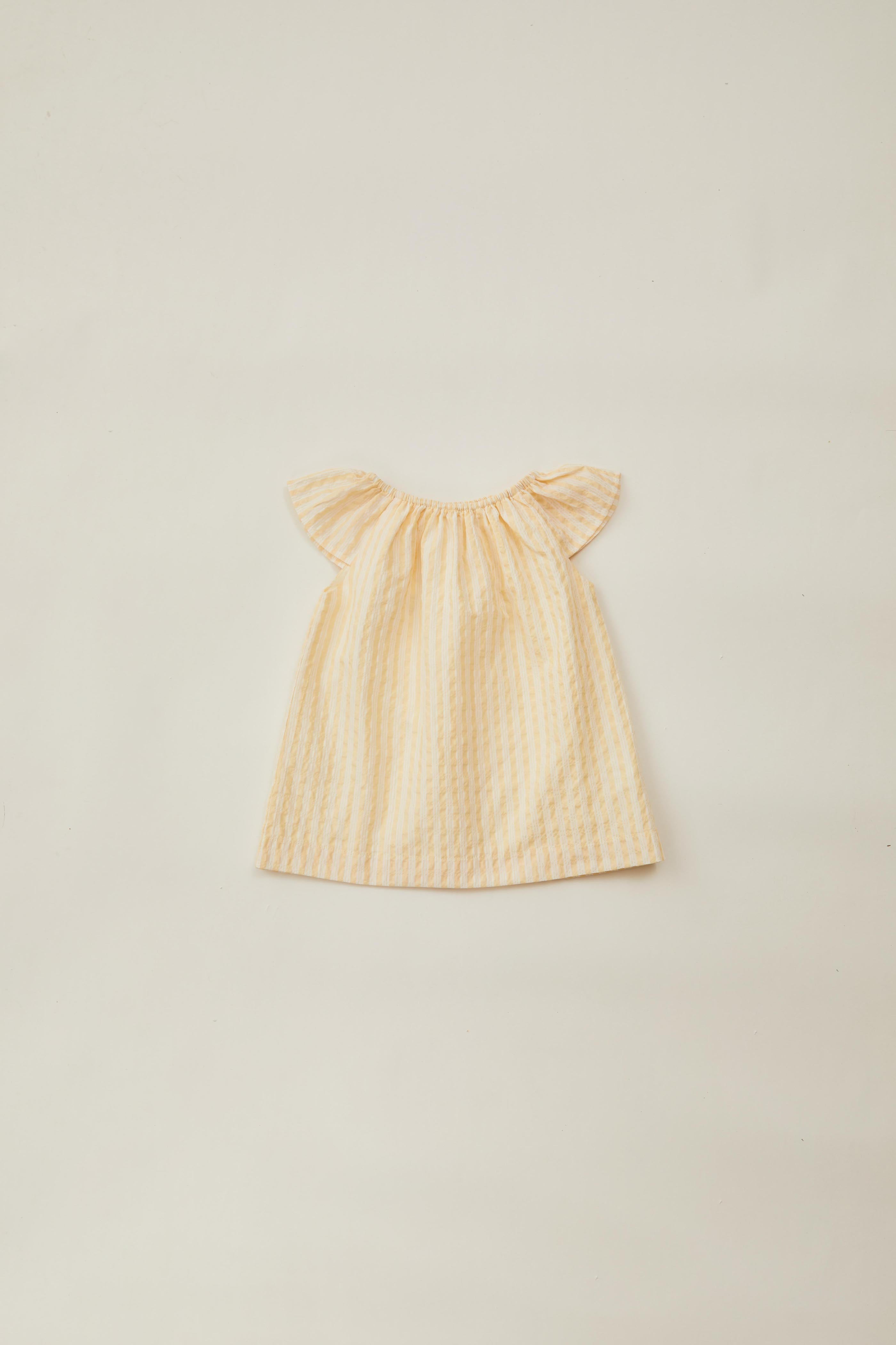 Mini Gathered Neckline Dress in Stripe Yellow