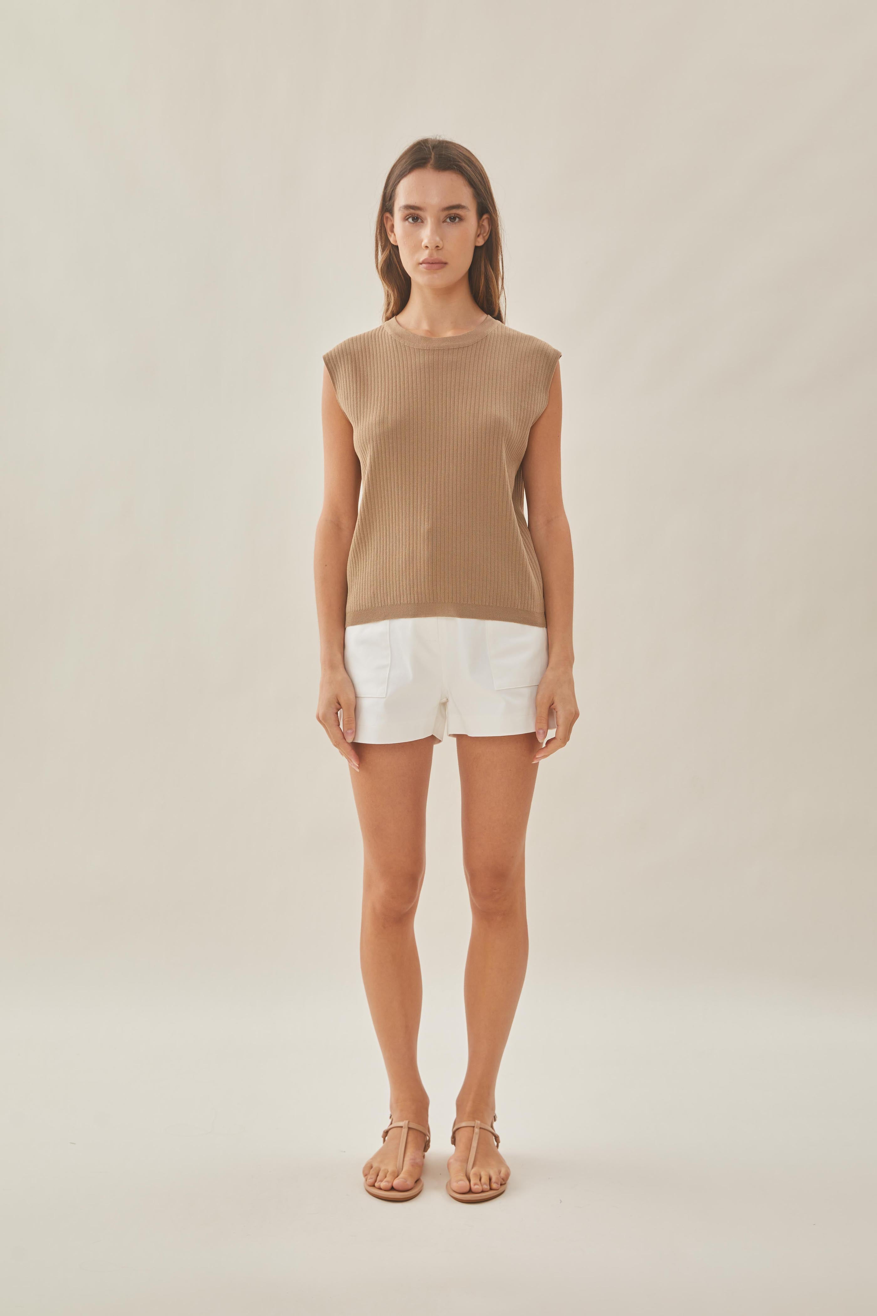 Knitted Round Neck Sleeveless Top in Tan