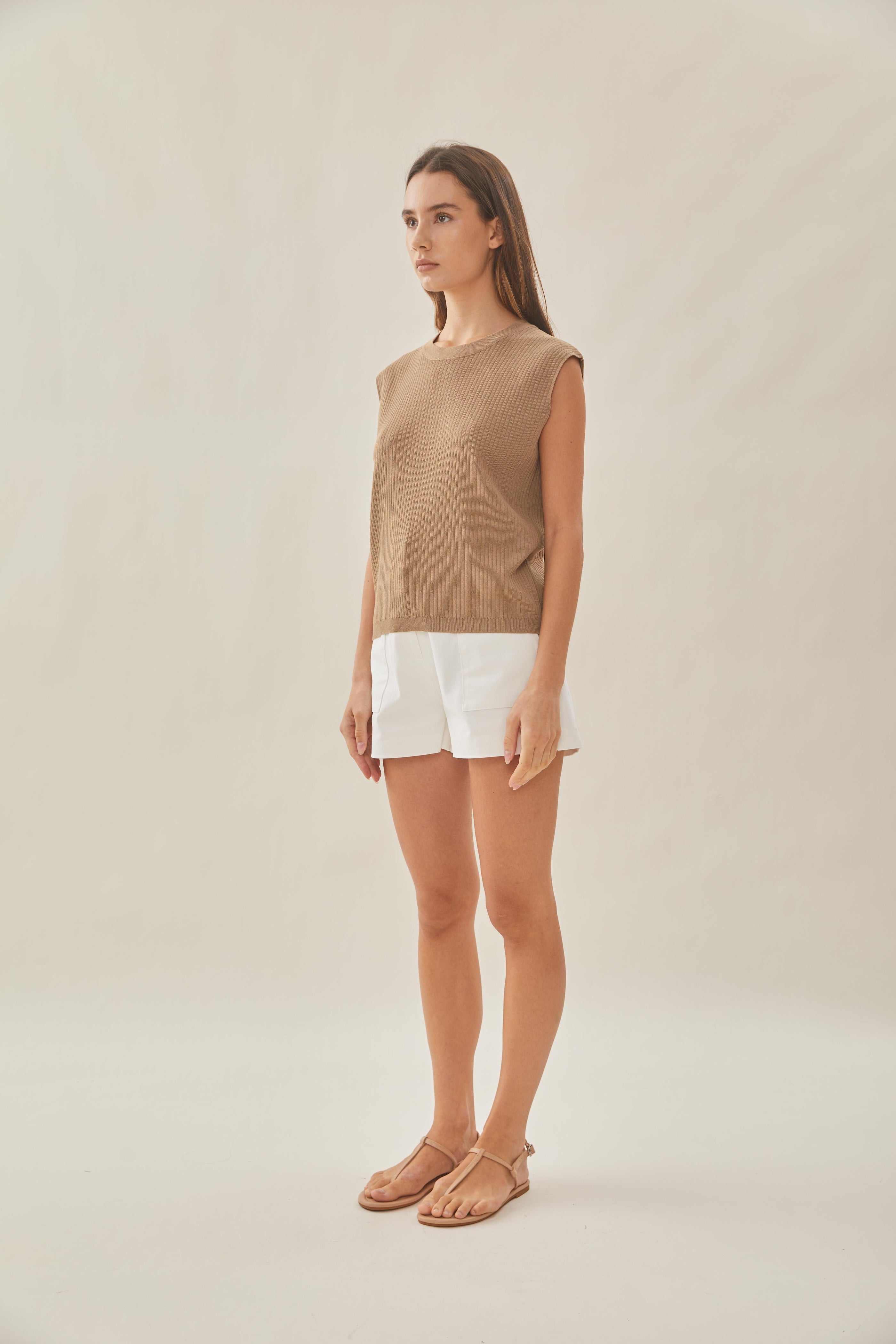 Knitted Round Neck Sleeveless Top in Tan