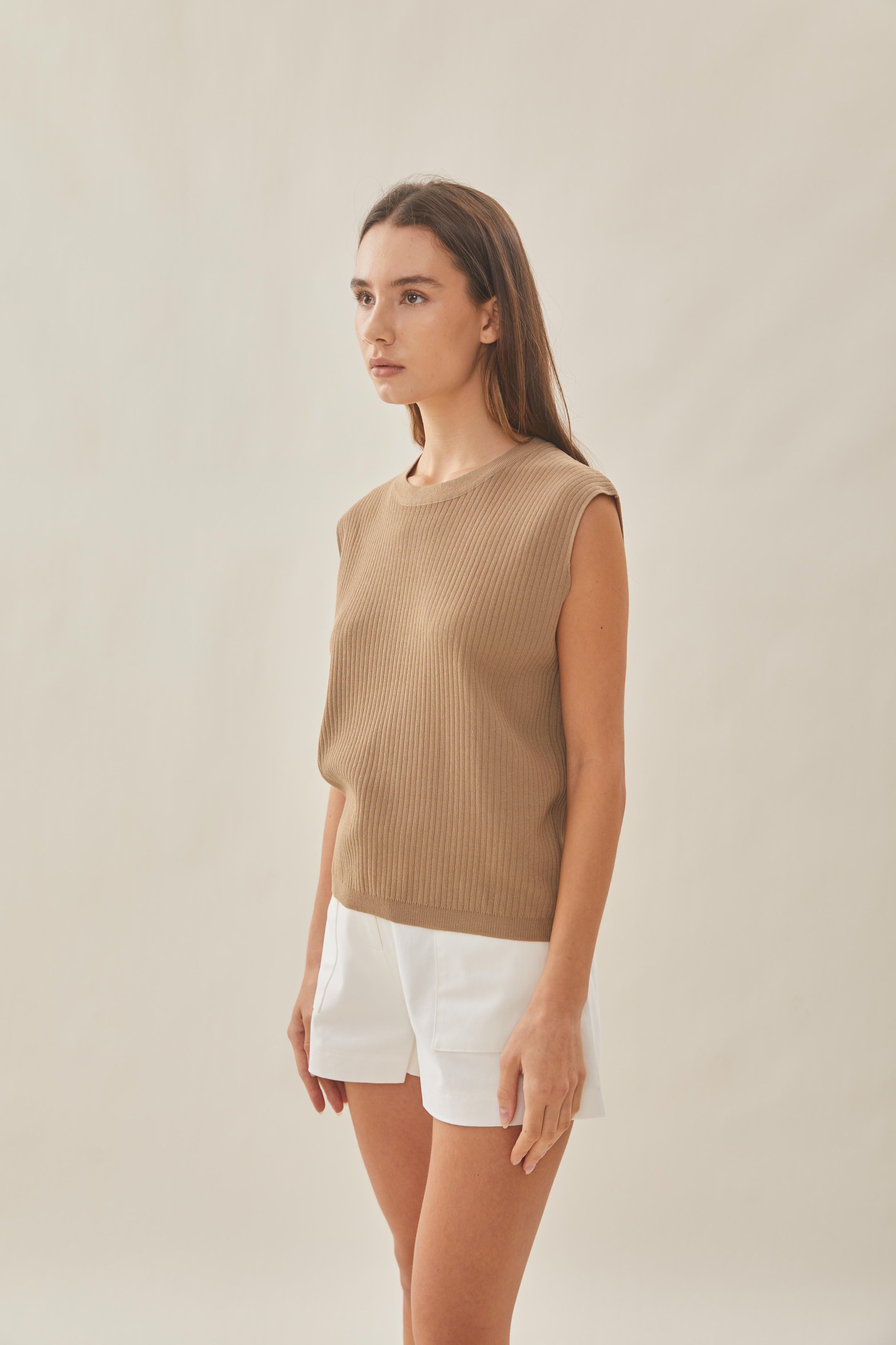 Knitted Round Neck Sleeveless Top in Tan