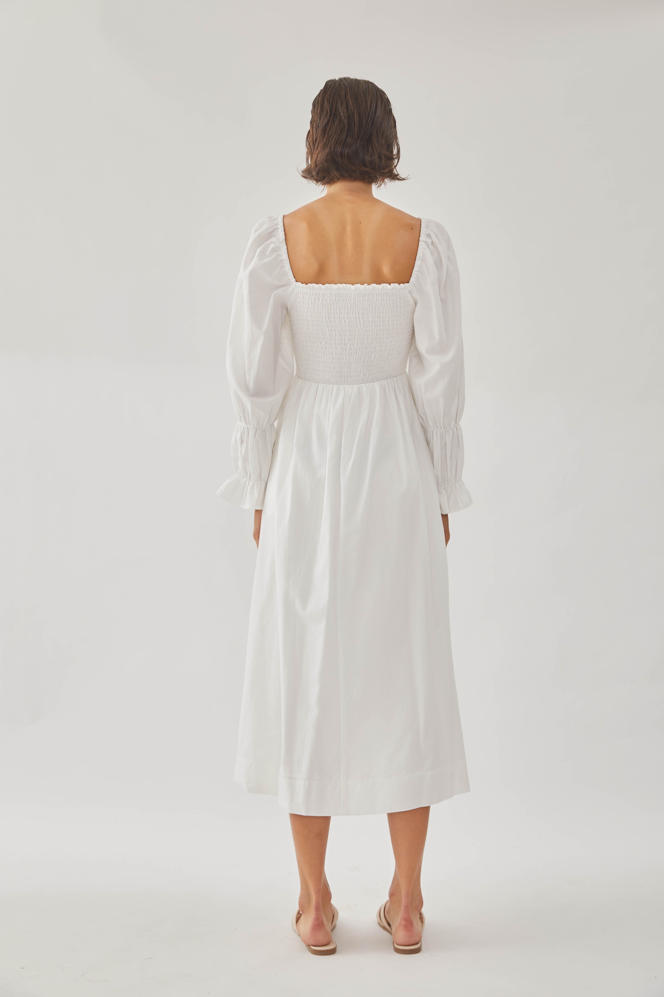 Cotton Shirred Midi Dress in White