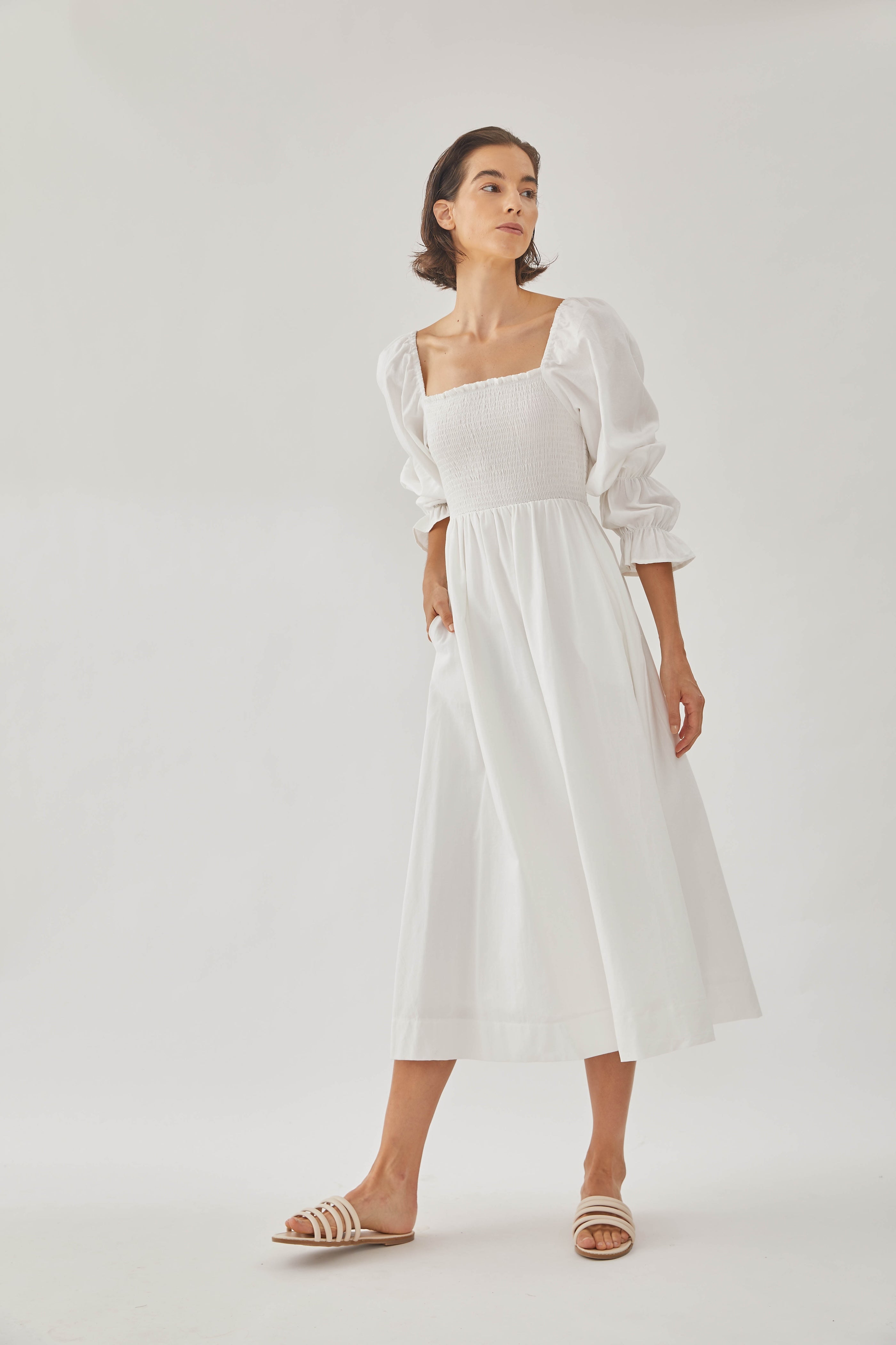 Cotton Shirred Midi Dress in White