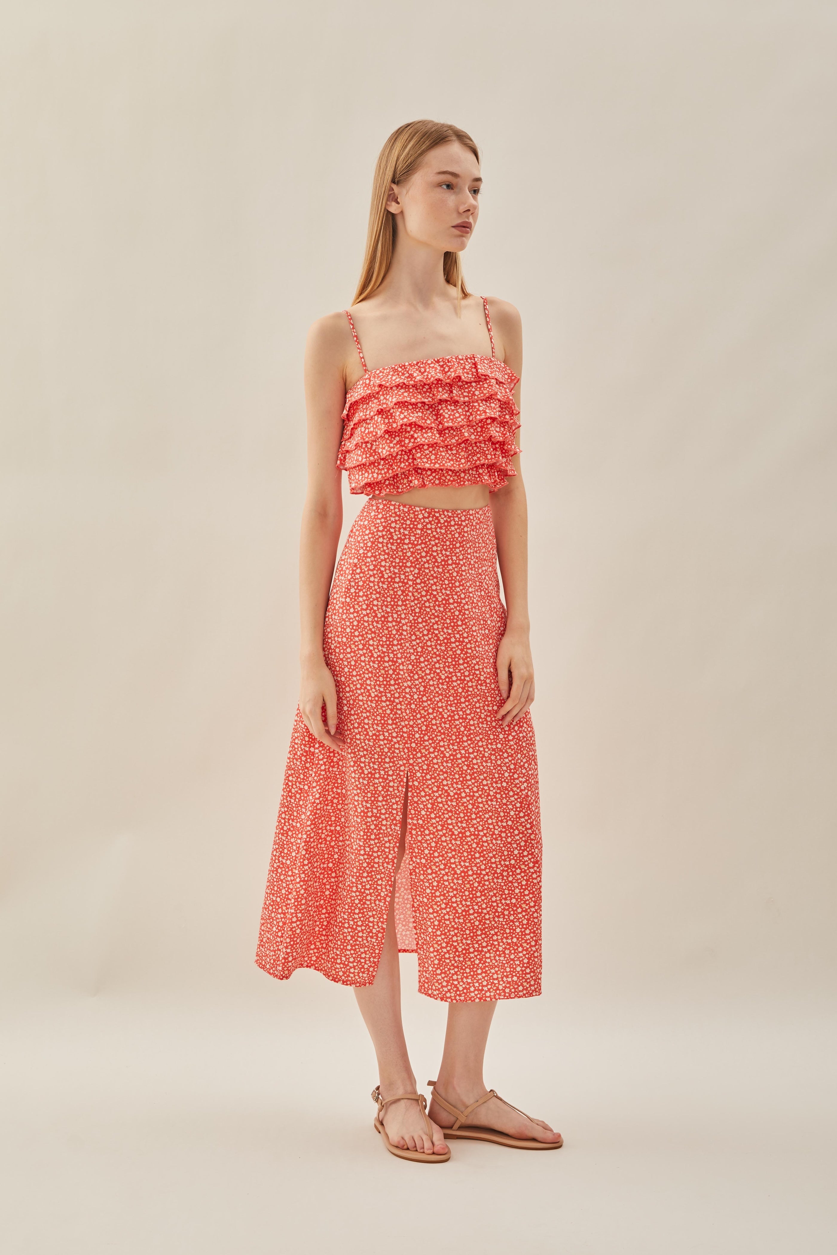 Cotton Blend Skirt with Slit in Red Bloom