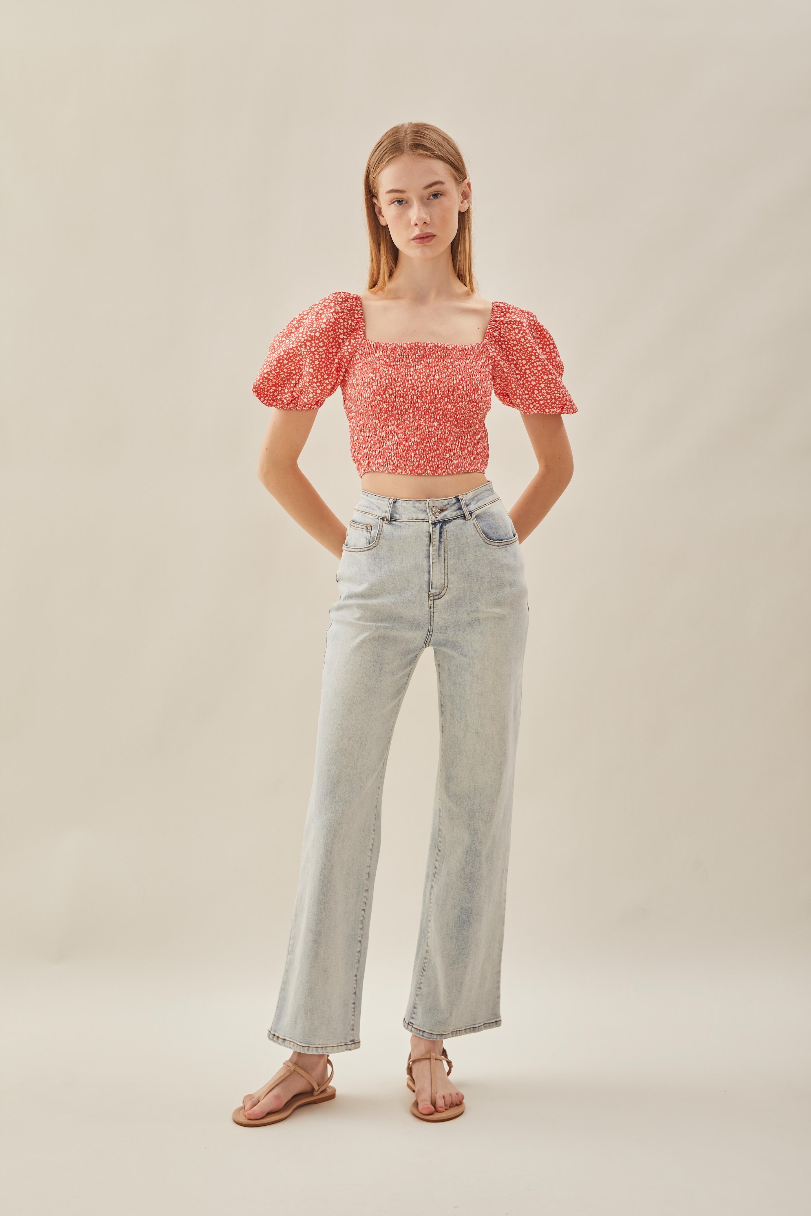 Puffed Sleeved Shirred Top in Red Bloom