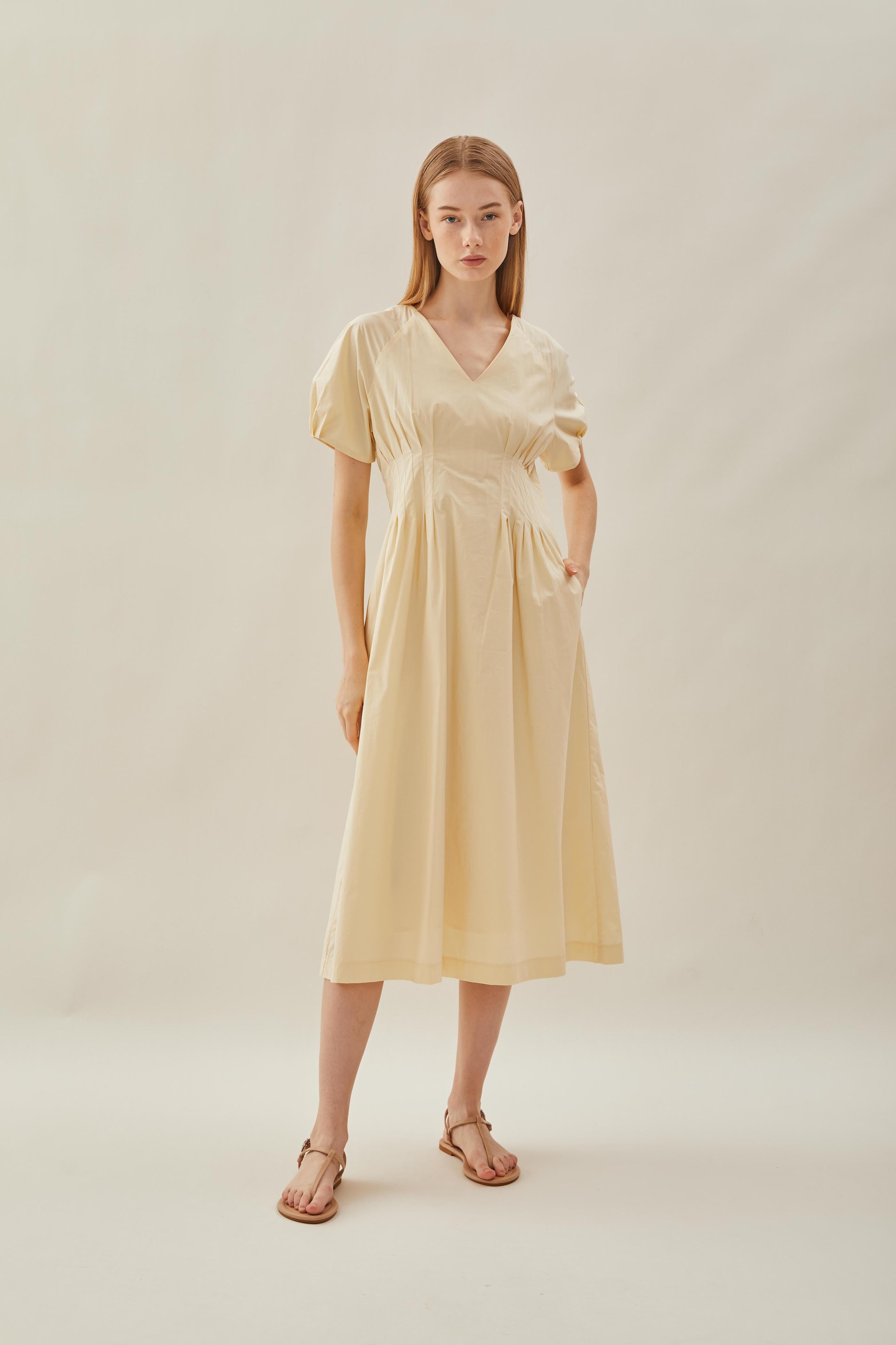 Pleated Waist Dress in Soft Yellow