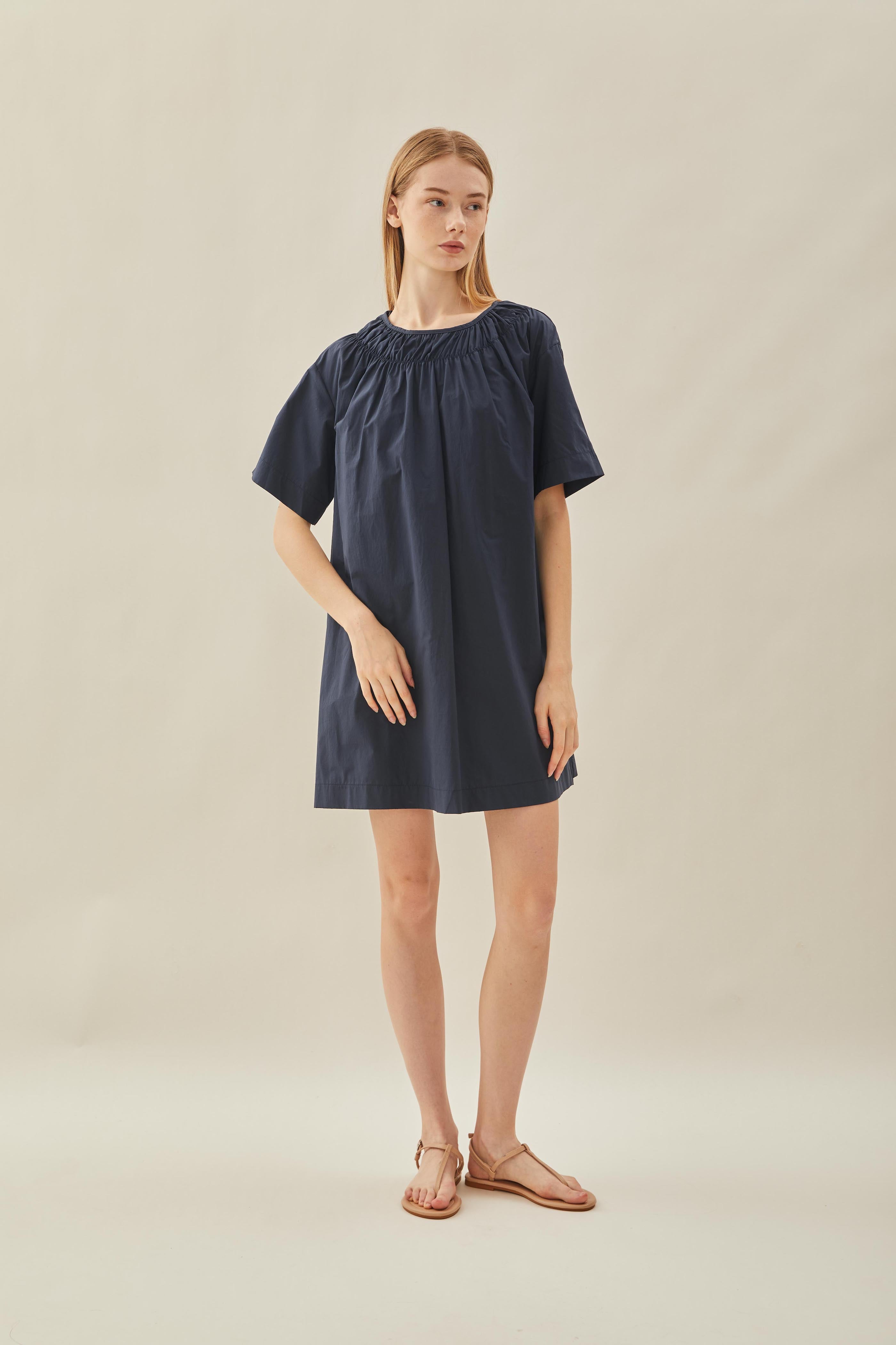 Gathered Neckline Mini Dress in Midnight