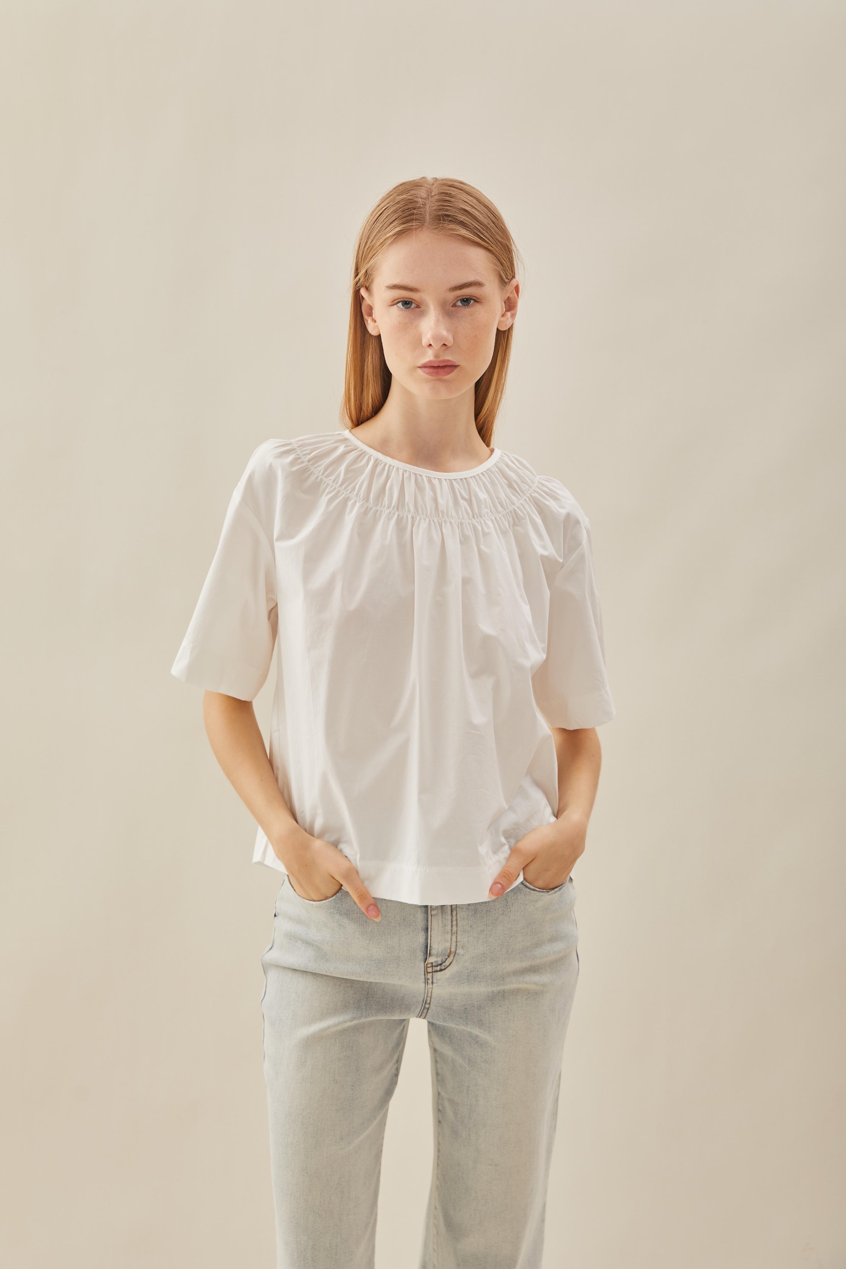Gathered Neckline Blouse in White