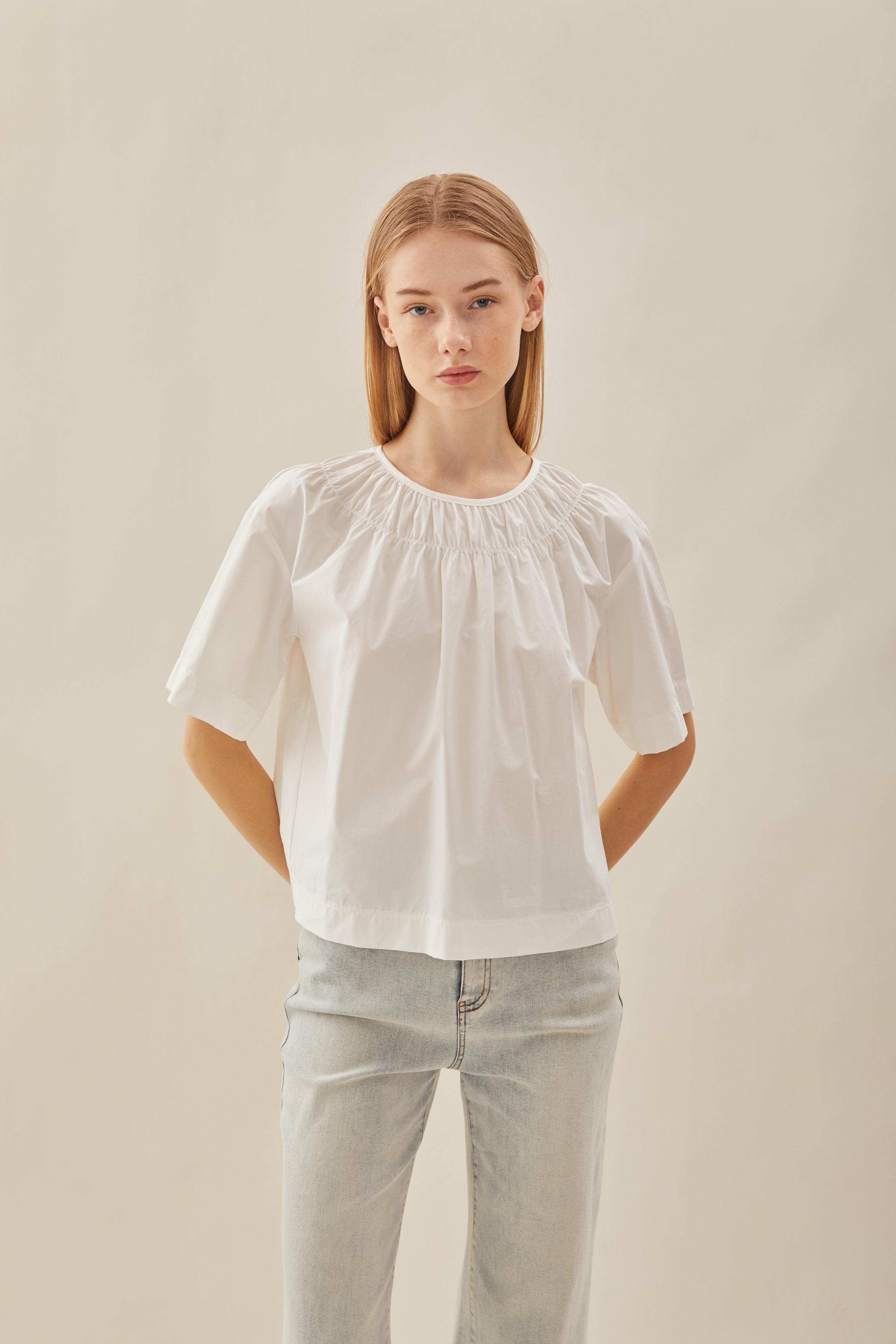 Gathered Neckline Blouse in White
