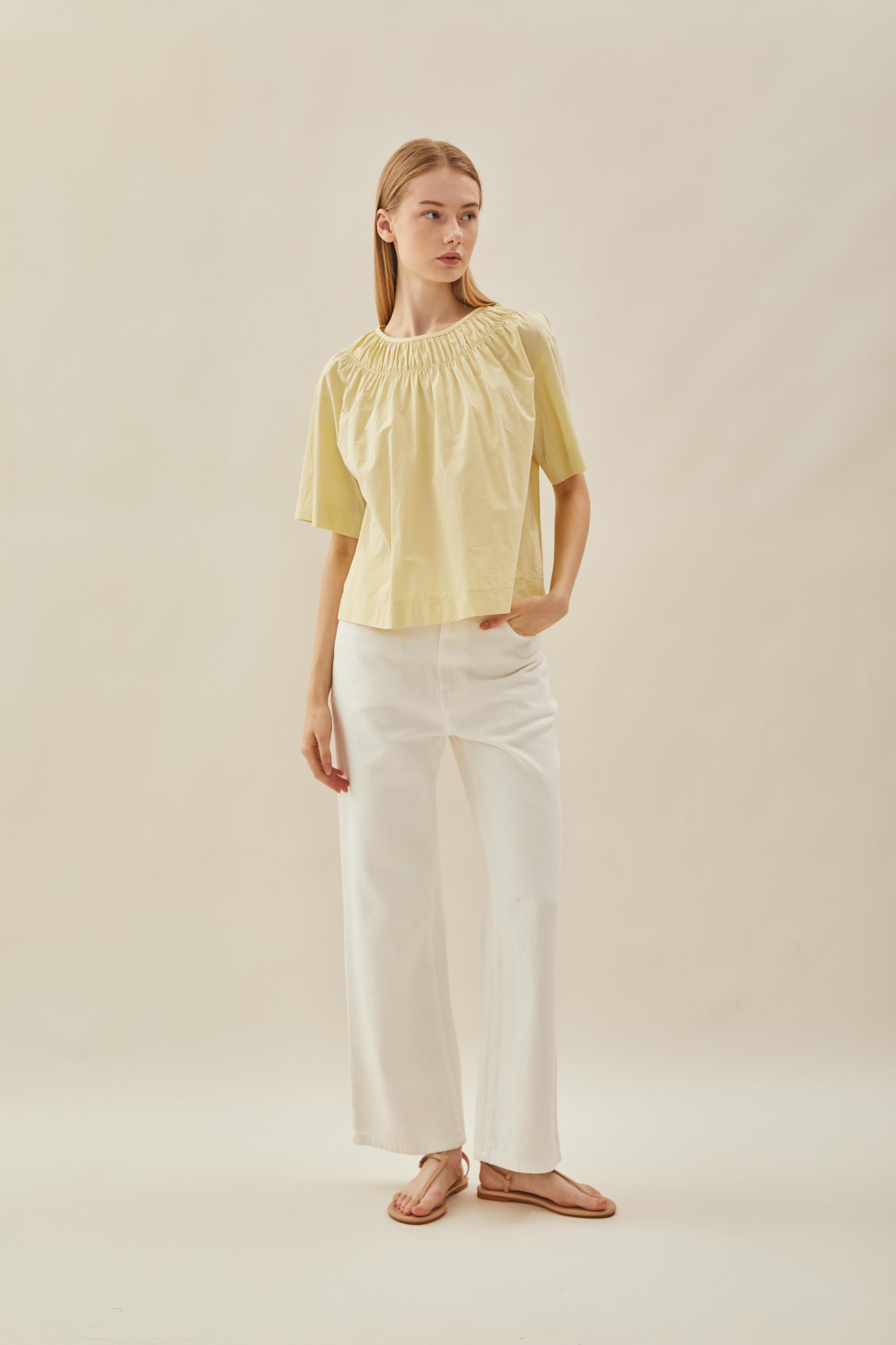 Gathered Neckline Blouse in Soft Custard