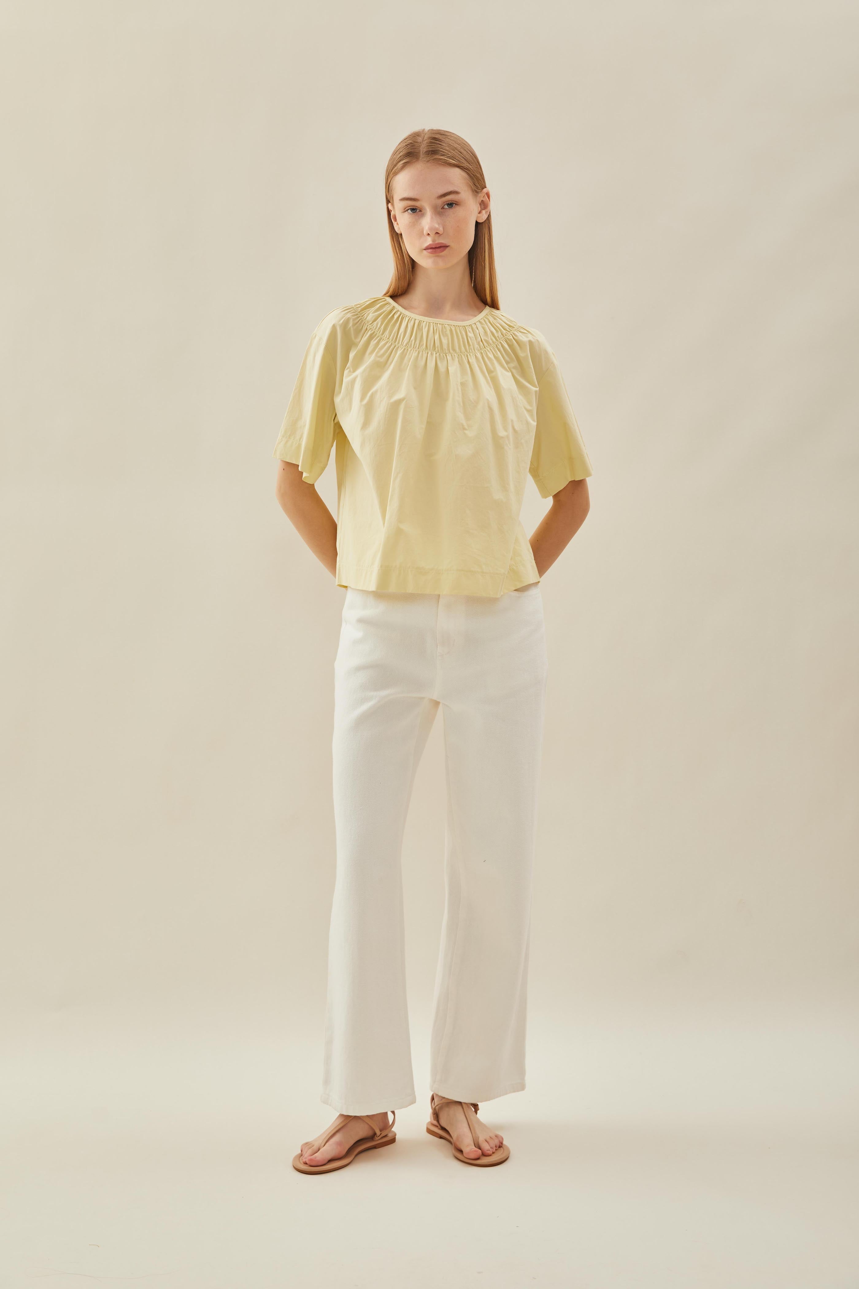 Gathered Neckline Blouse in Soft Custard