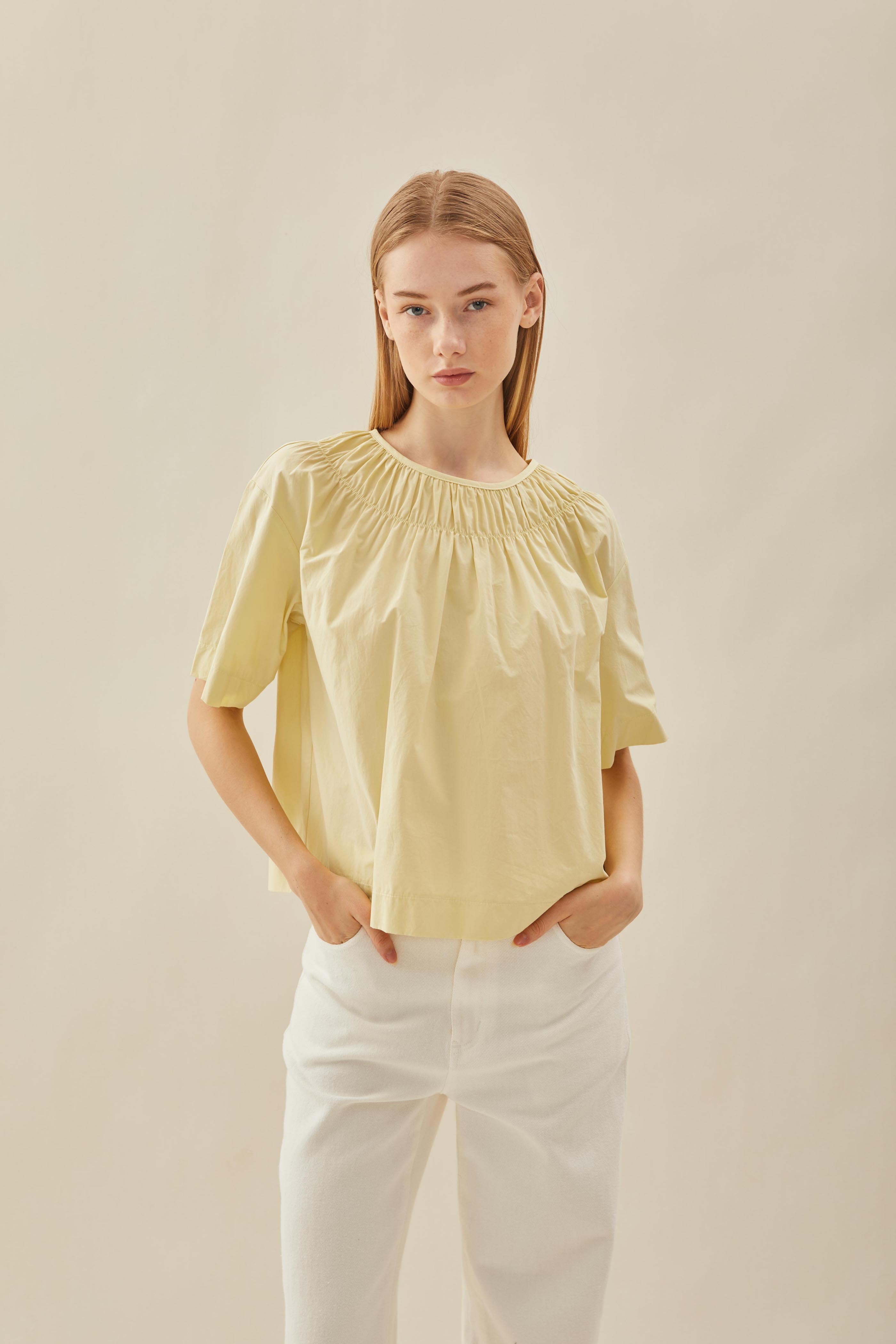 Gathered Neckline Blouse in Soft Custard