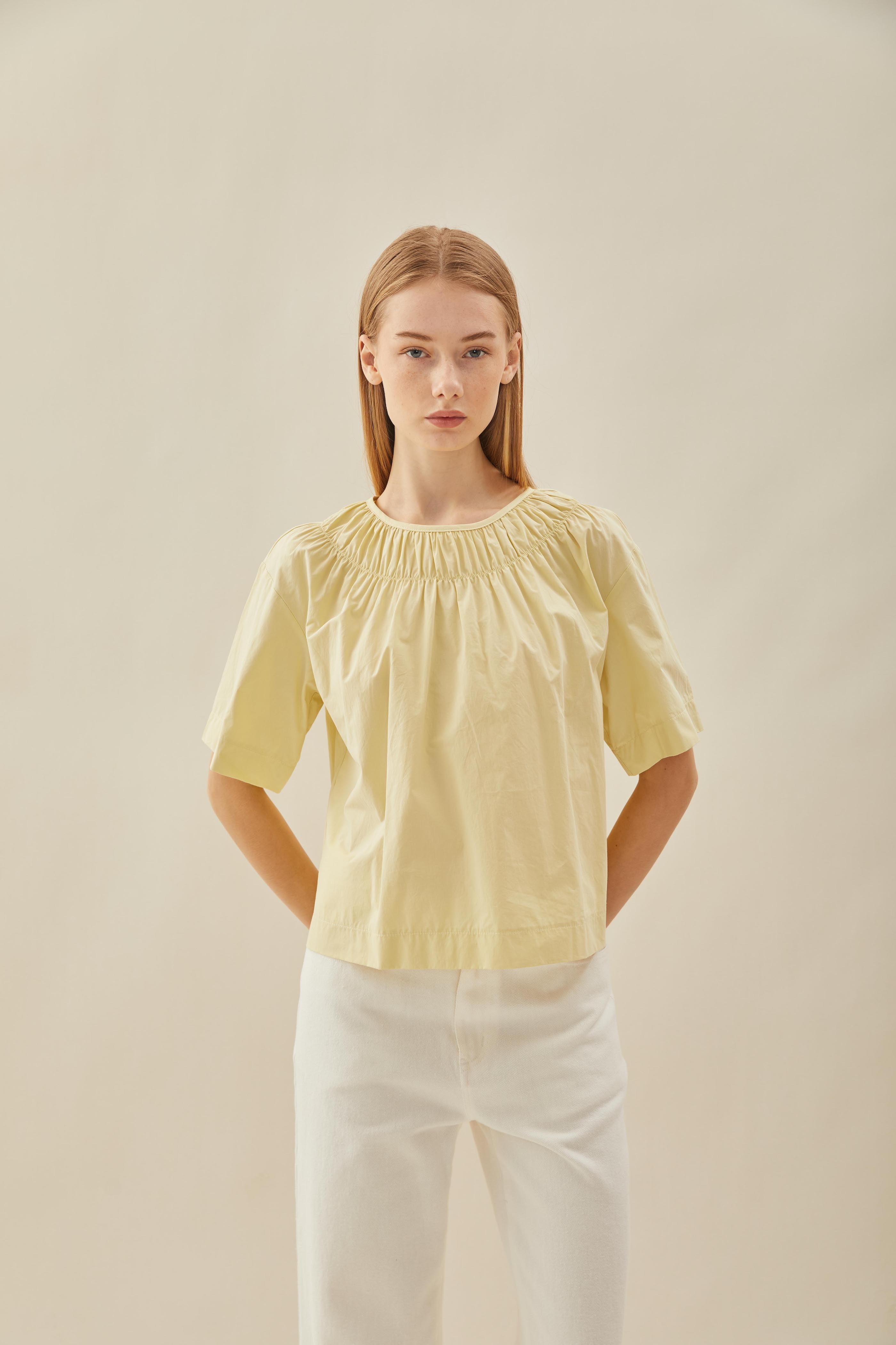 Gathered Neckline Blouse in Soft Custard