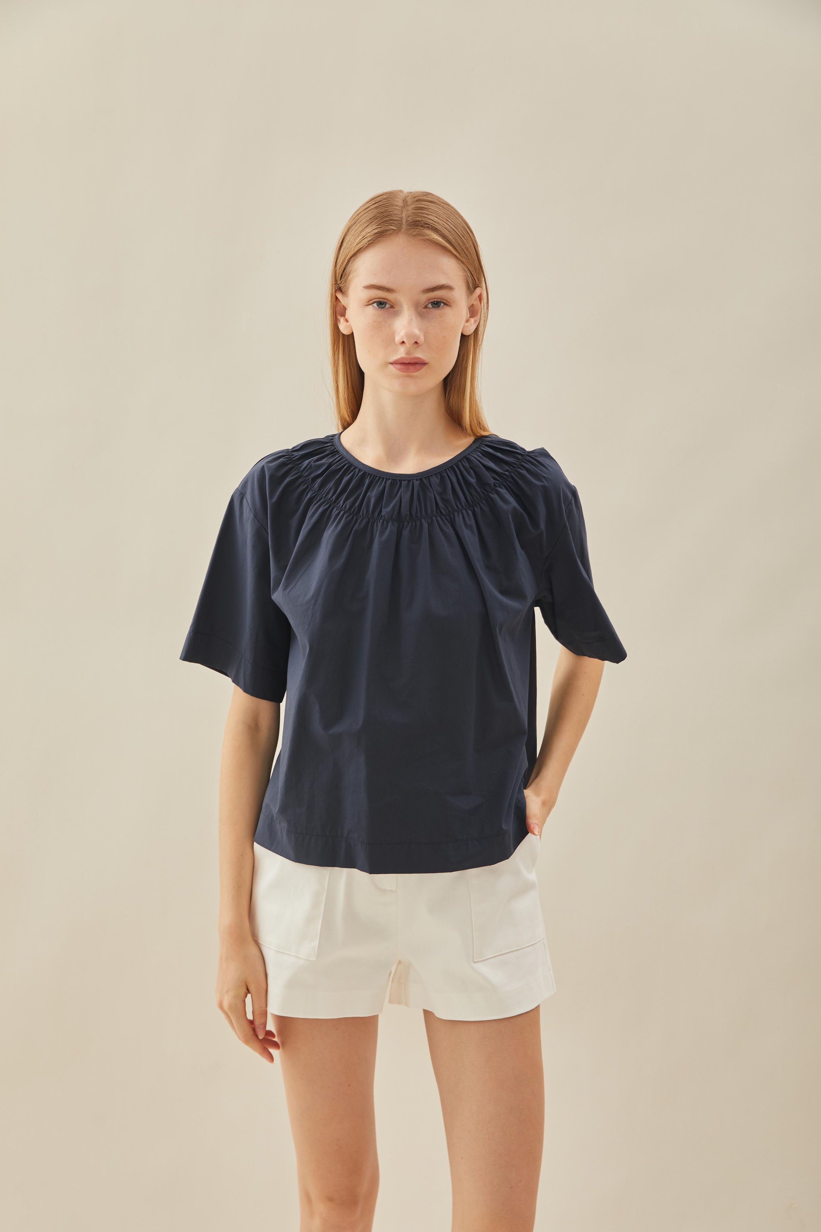 Gathered Neckline Blouse in Midnight