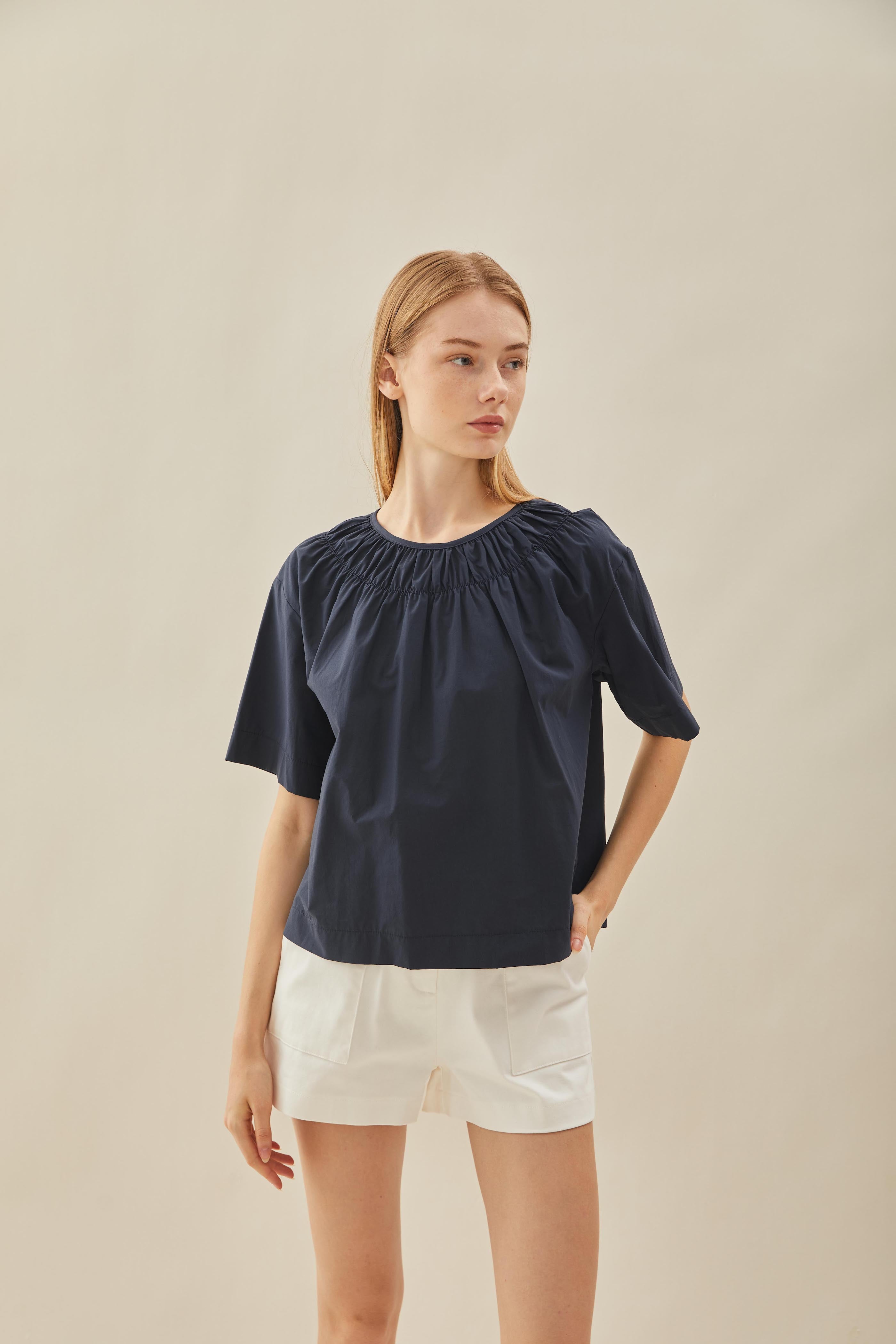 Gathered Neckline Blouse in Midnight