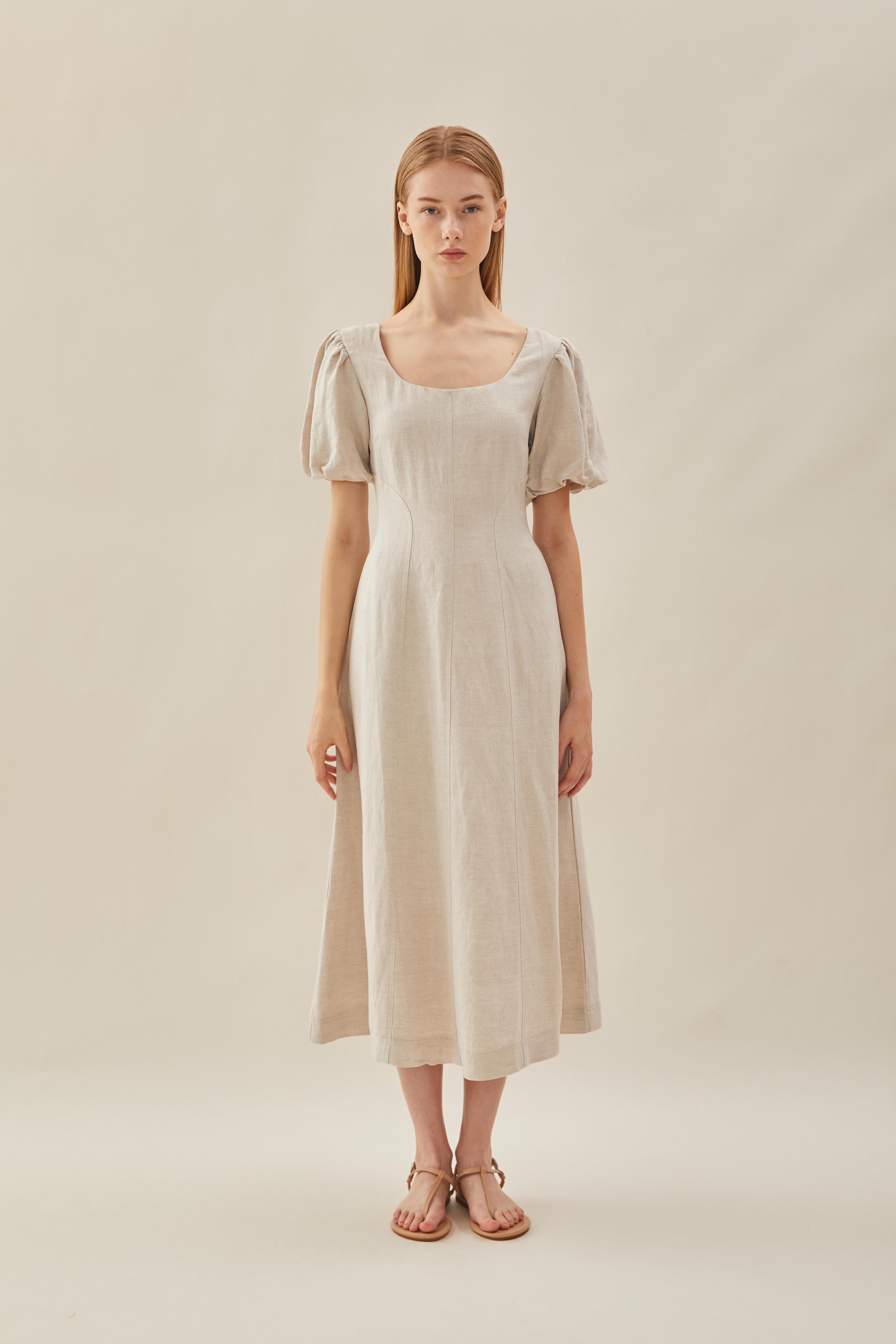 Puffed Sleeved Scoop Neckline Dress in Natural