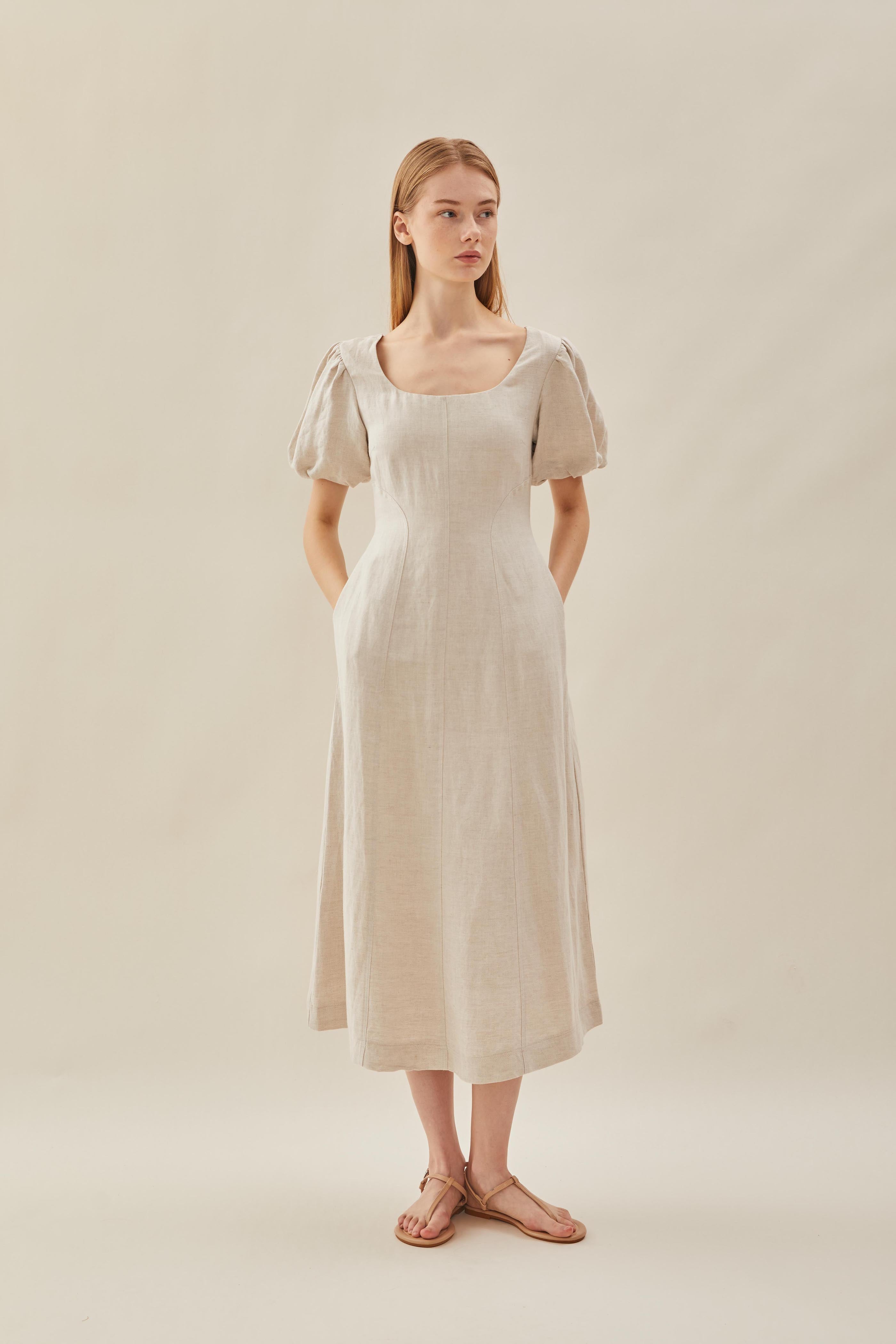 Puffed Sleeved Scoop Neckline Dress in Natural