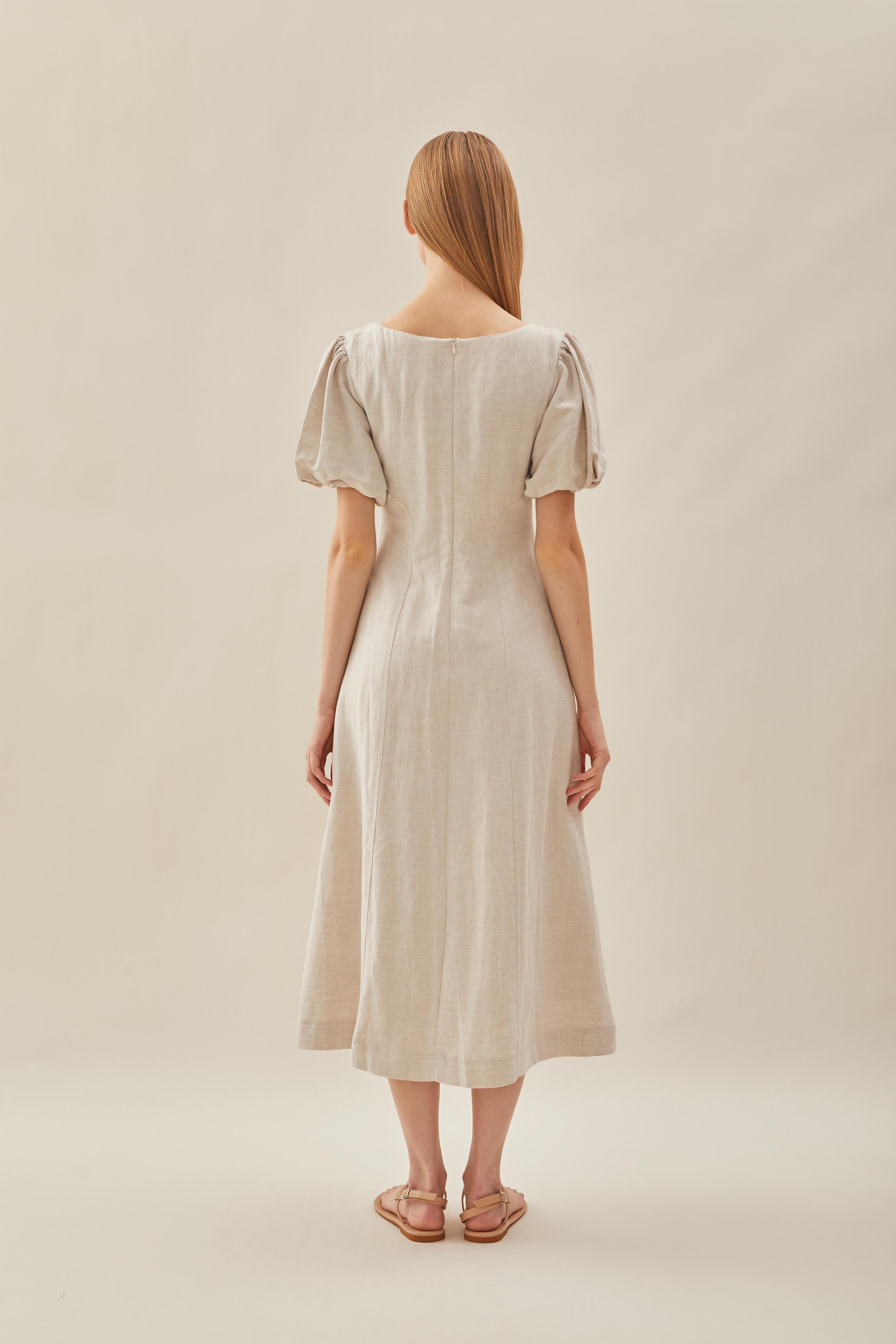 Puffed Sleeved Scoop Neckline Dress in Natural