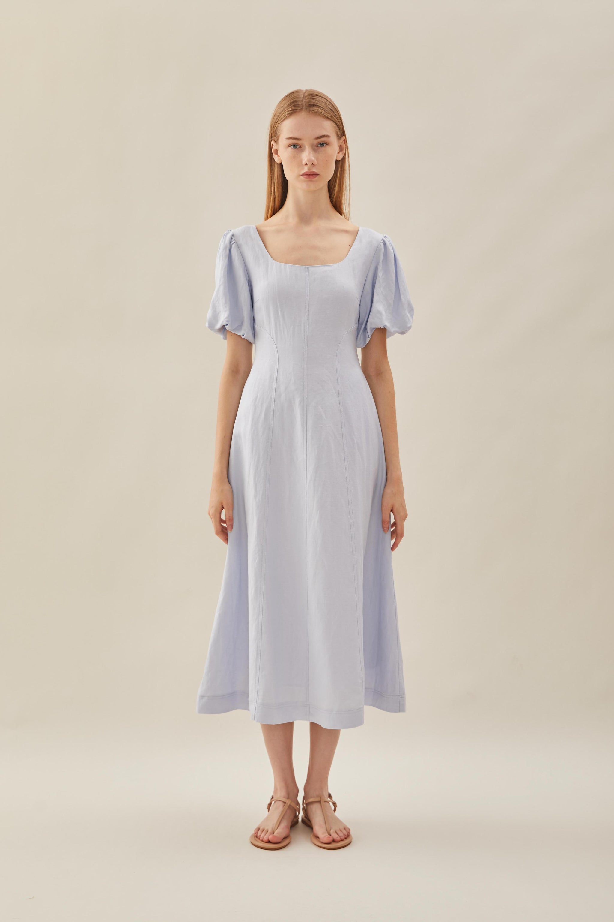Scoop Neck Ruched A-Line Tea-Length Dress Dusty Blue main image 1