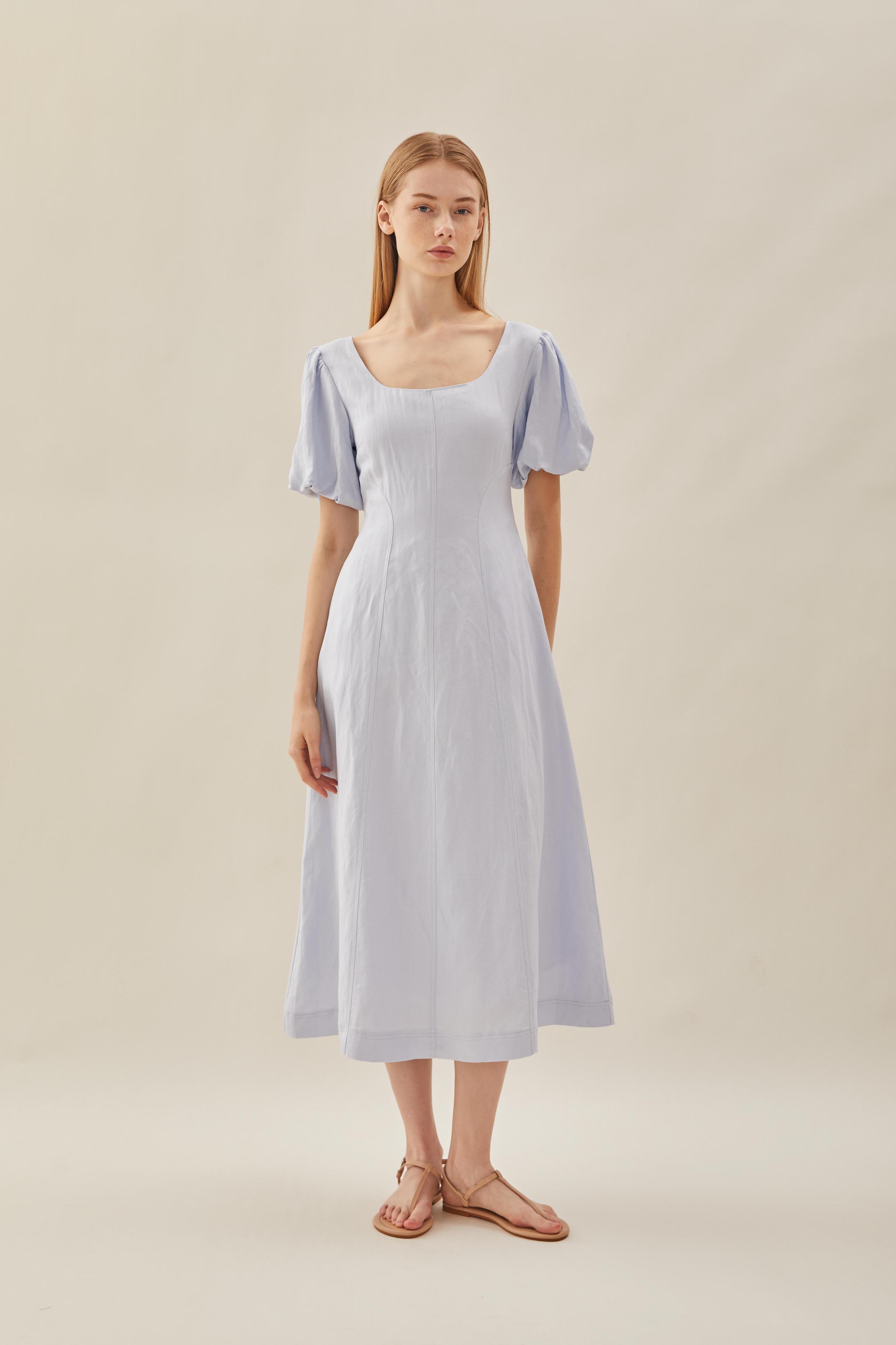 Puffed Sleeved Scoop Neckline Dress in Mist Blue