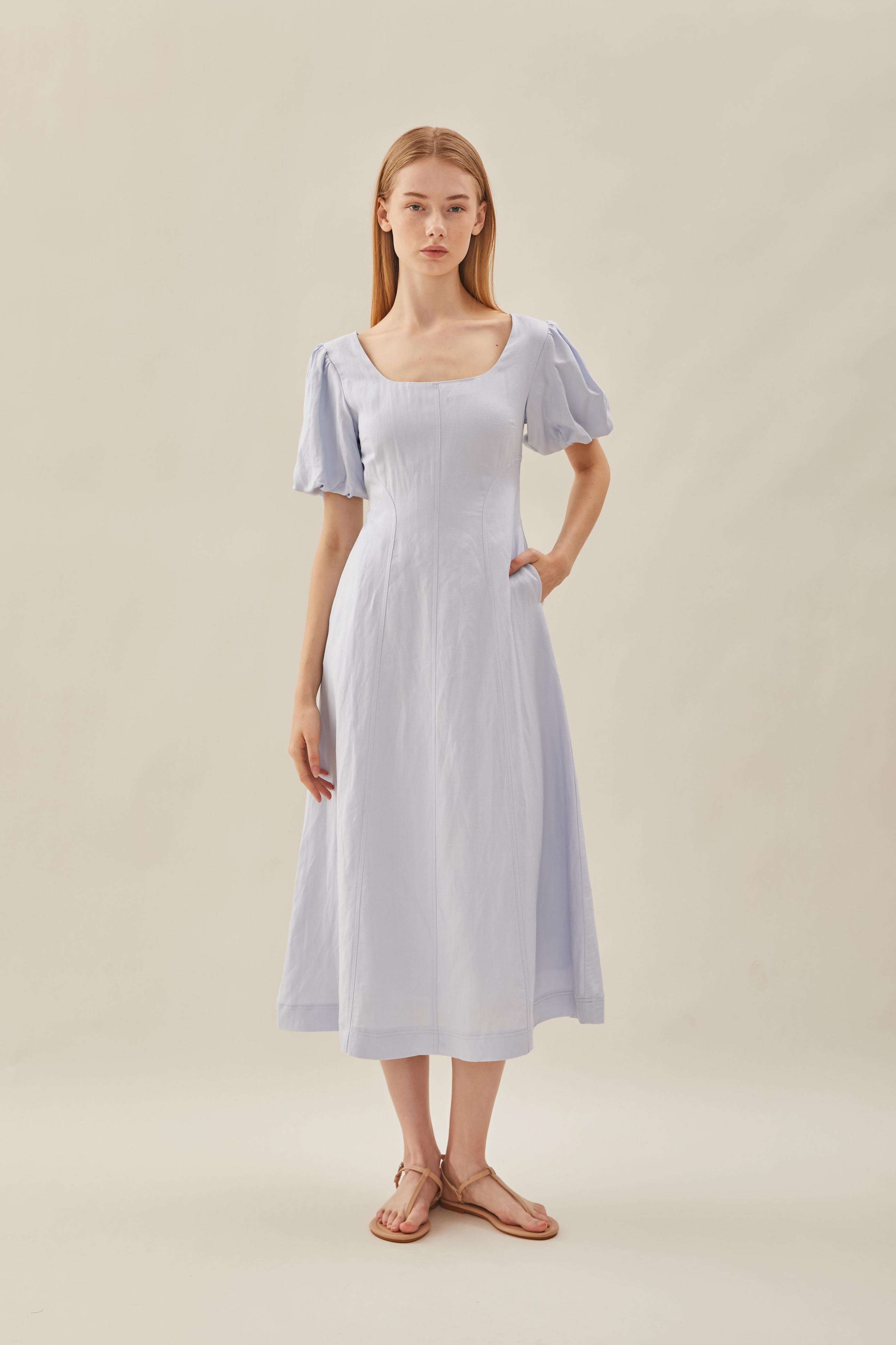 Puffed Sleeved Scoop Neckline Dress in Mist Blue