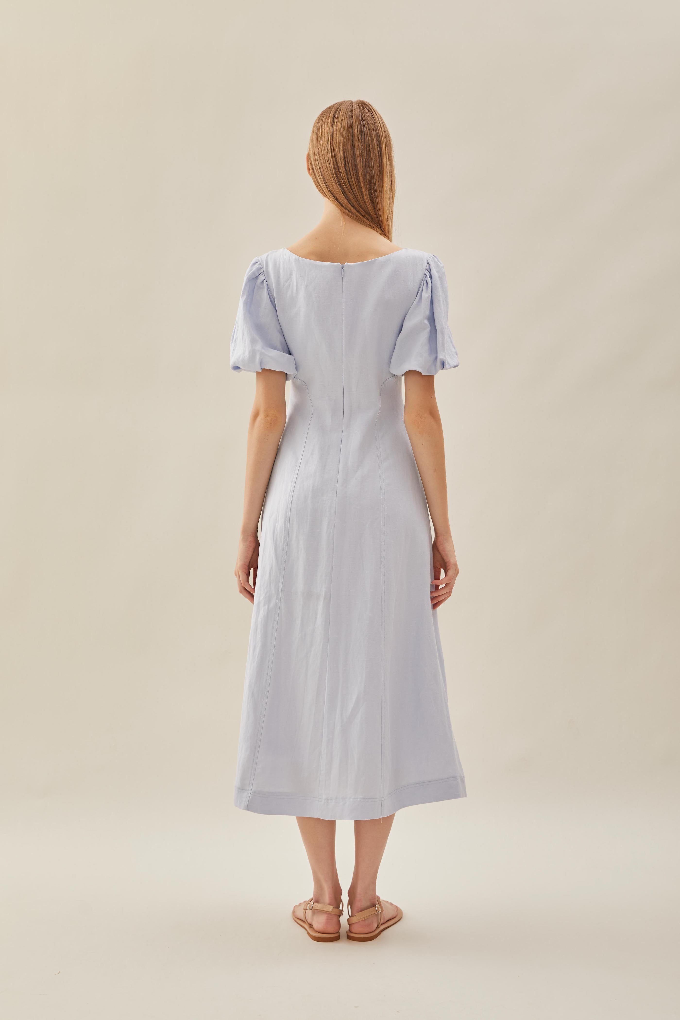 Puffed Sleeved Scoop Neckline Dress in Mist Blue