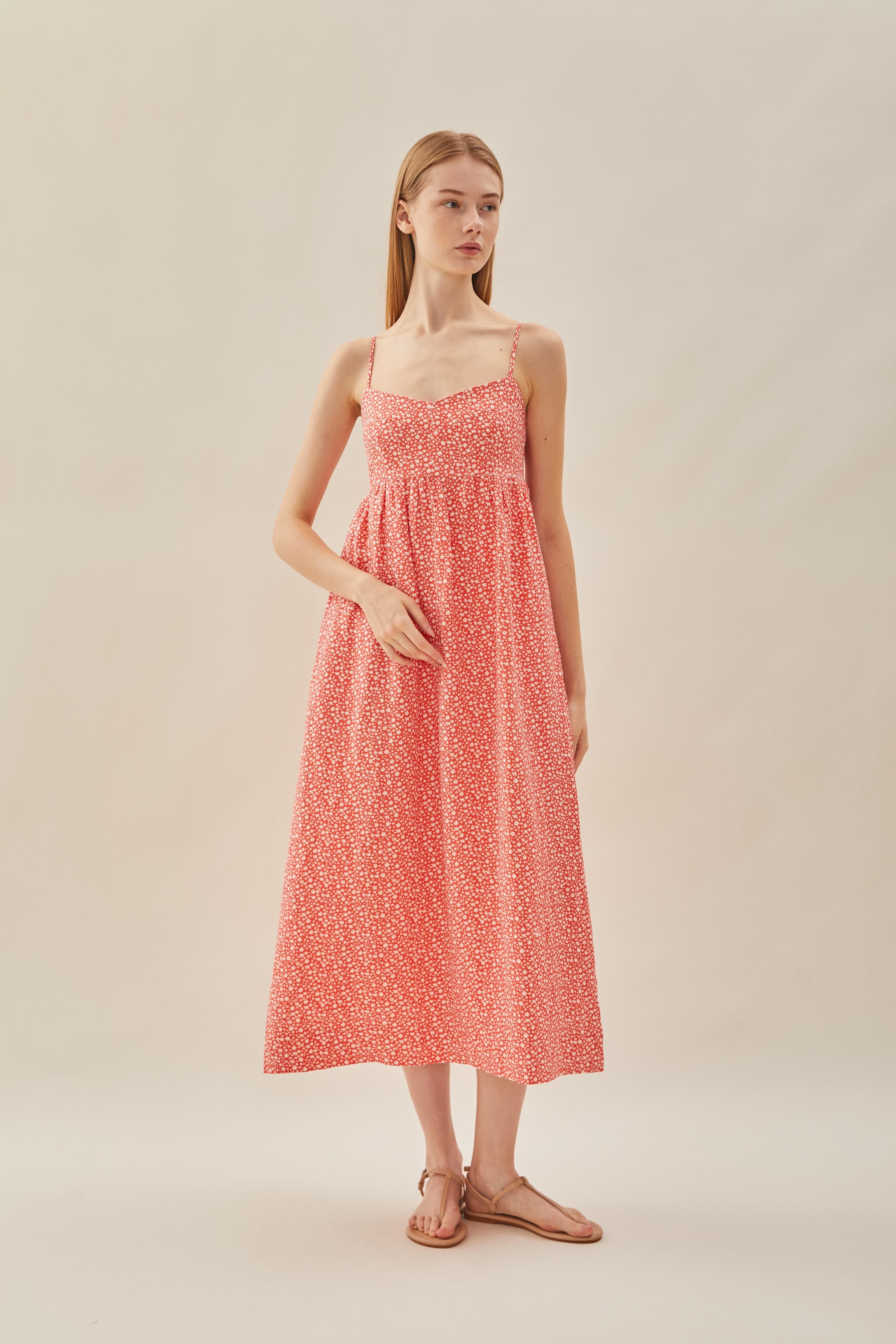 Bustier Gathered Midi Dress in Red Bloom