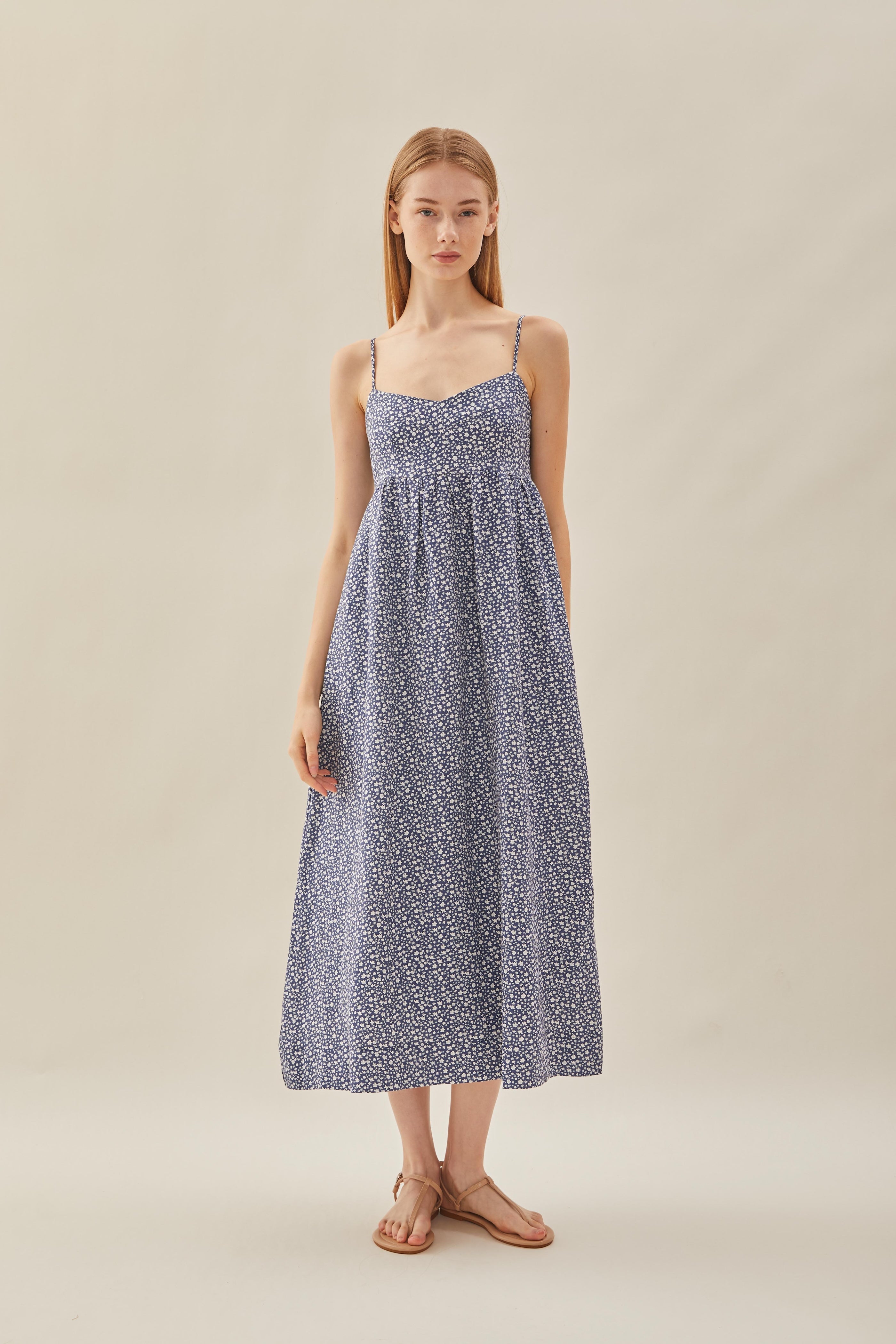 Bustier Gathered Midi Dress in Moonlight Bloom