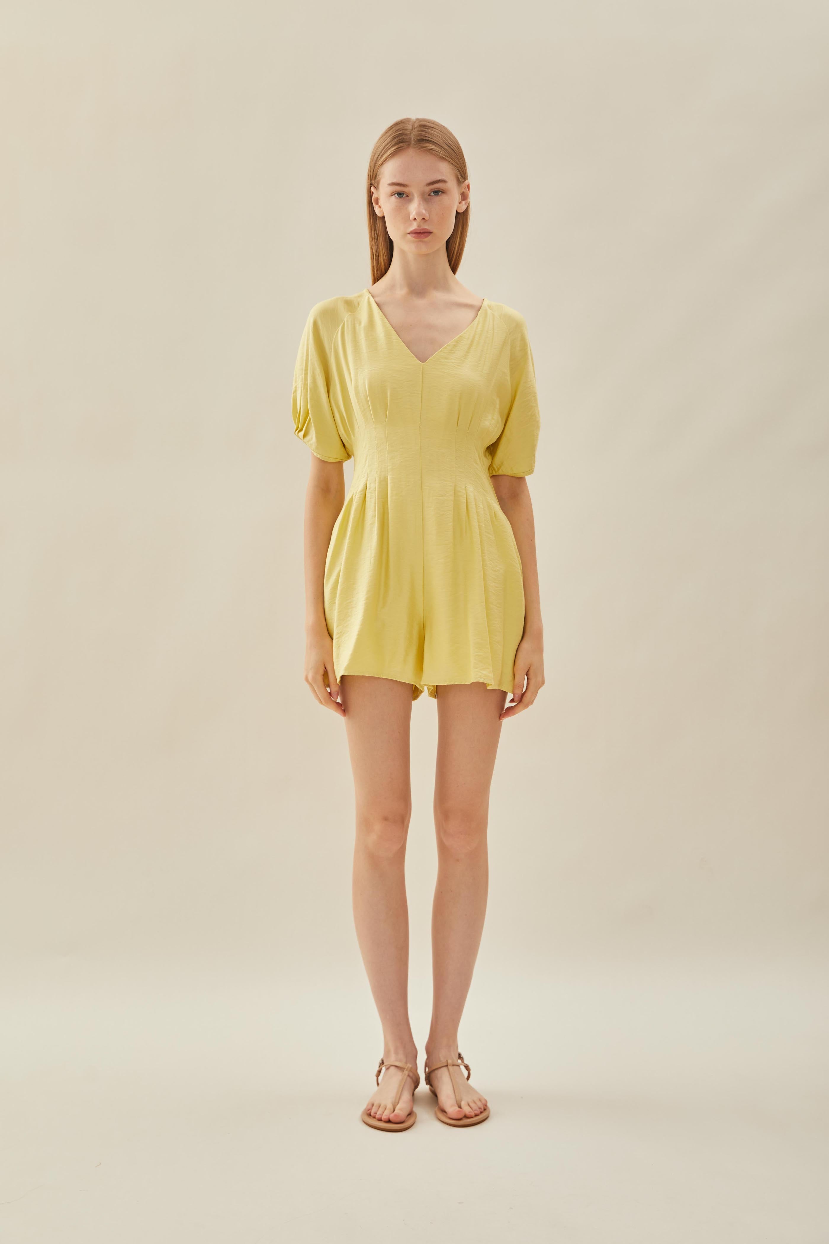 Pleated Waist Romper in Lemon
