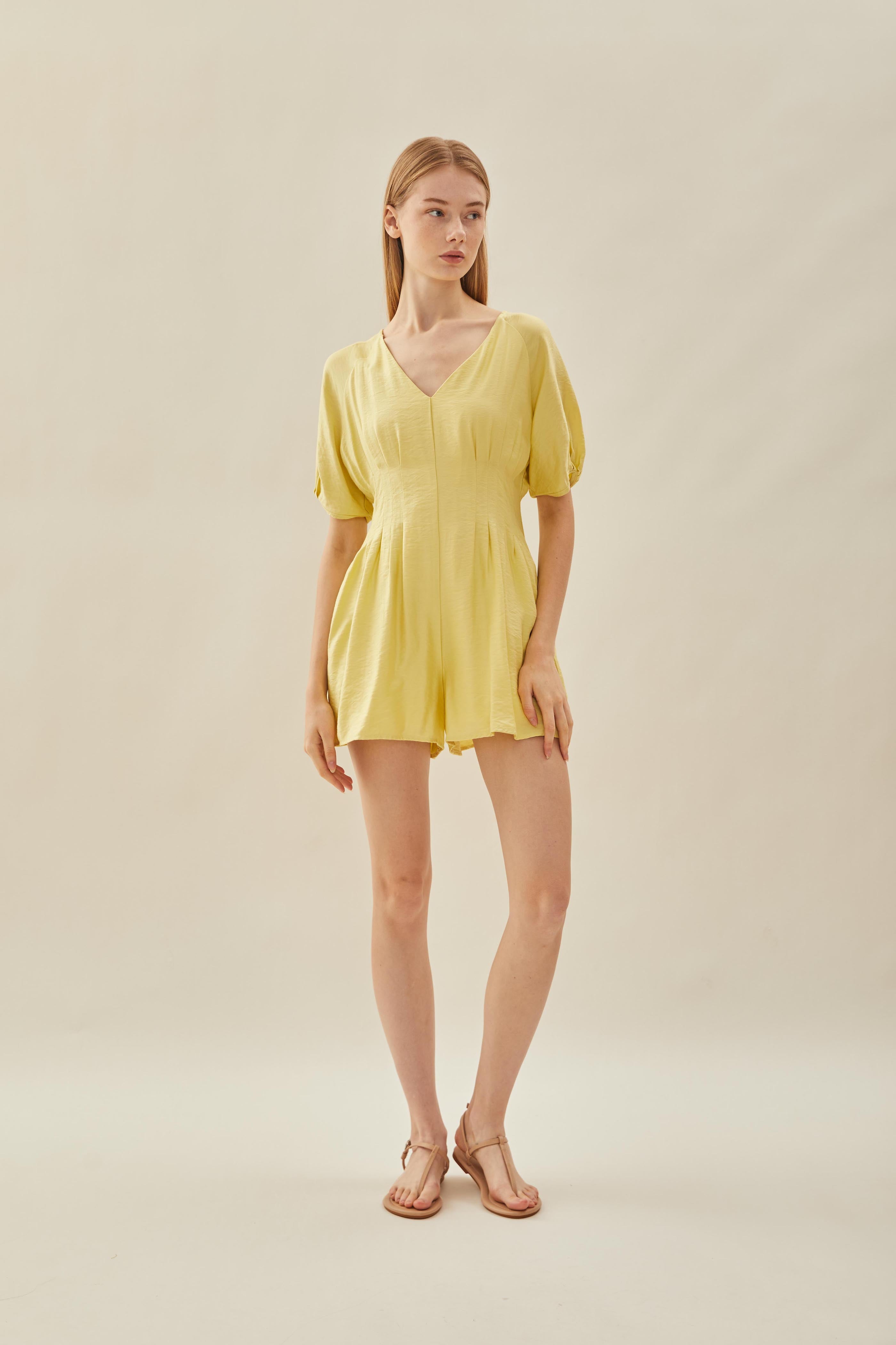 Pleated Waist Romper in Lemon