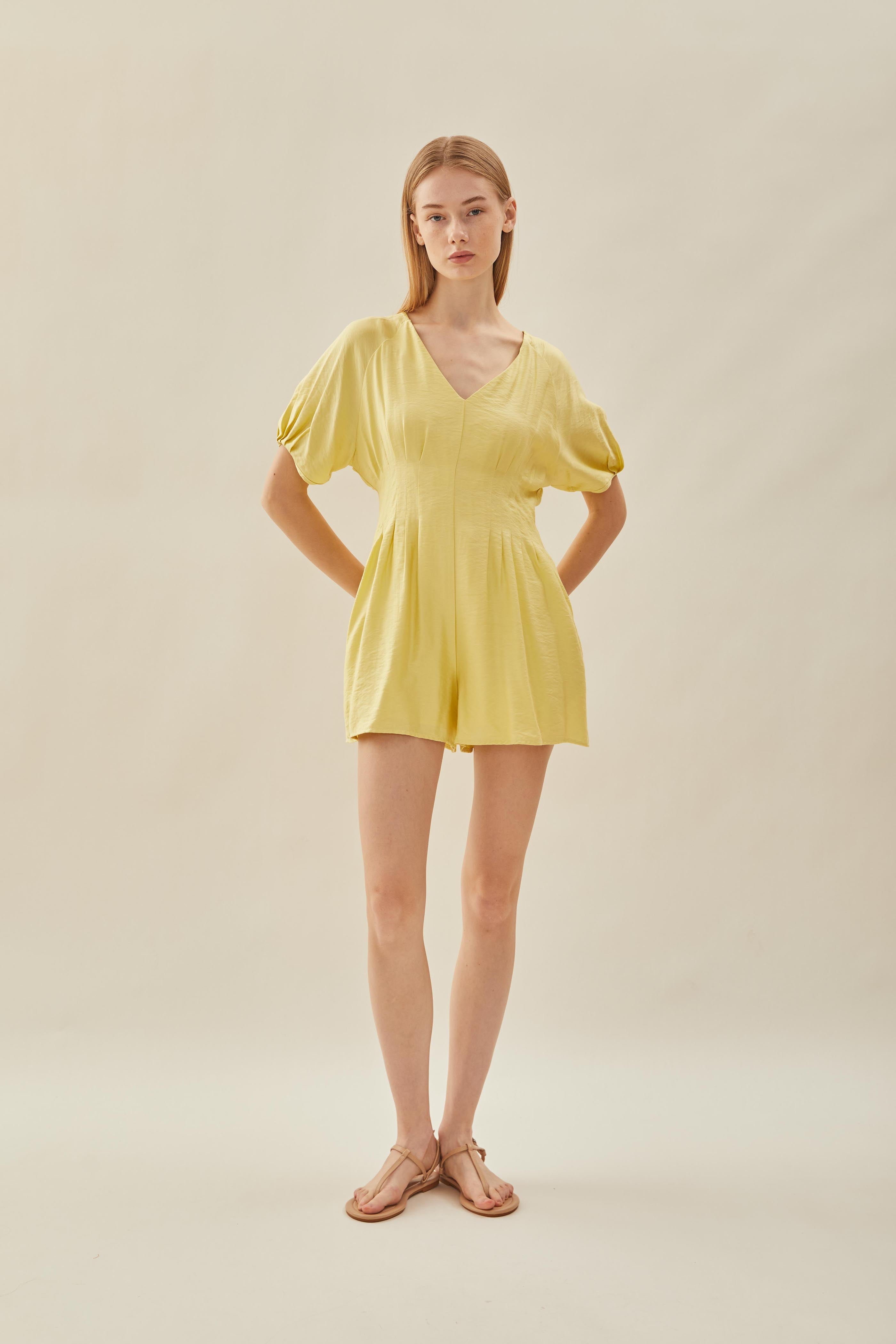 Pleated Waist Romper in Lemon