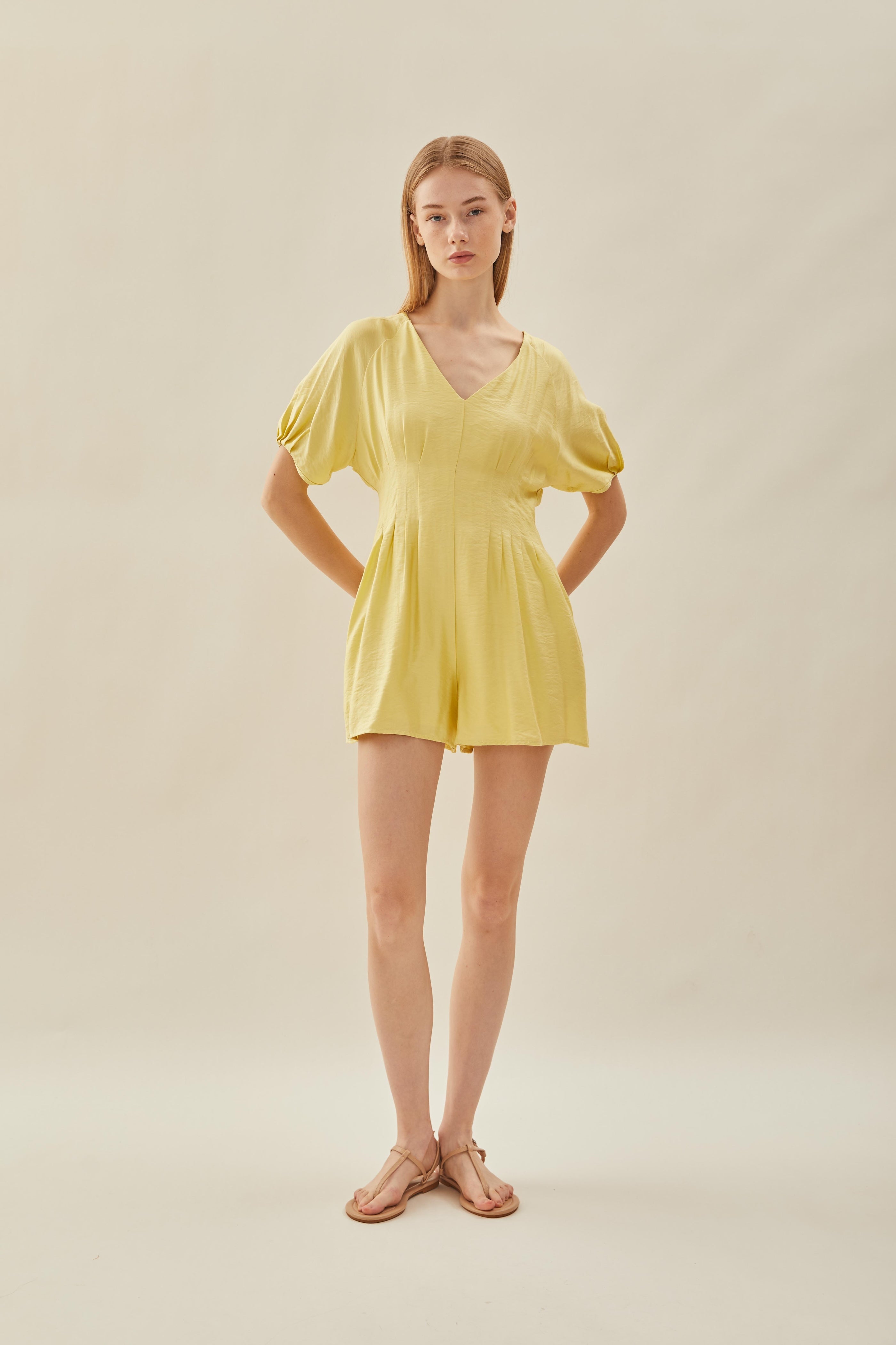 Pleated Waist Romper in Lemon