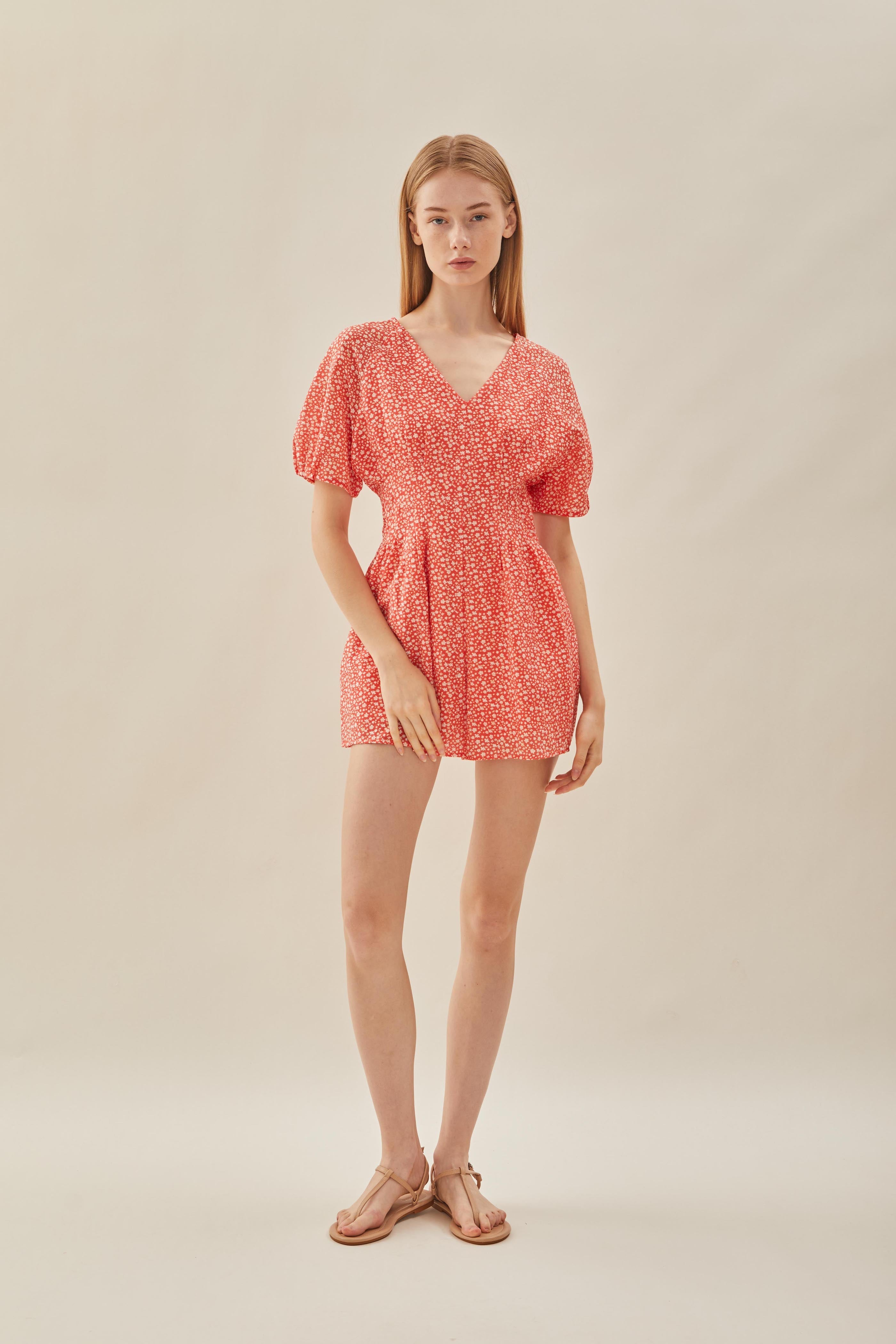 Pleated Waist Romper in Red Bloom