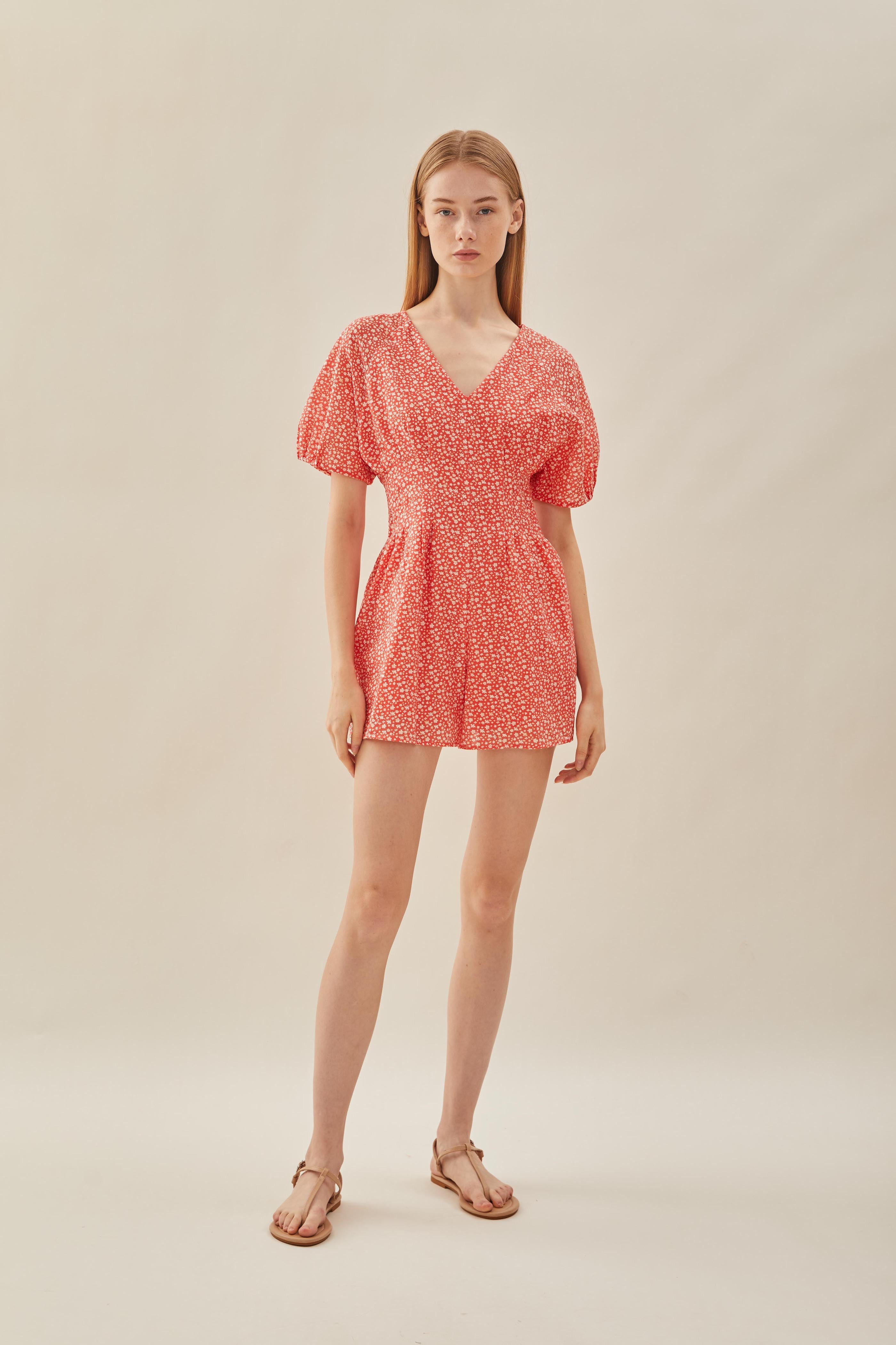 Pleated Waist Romper in Red Bloom