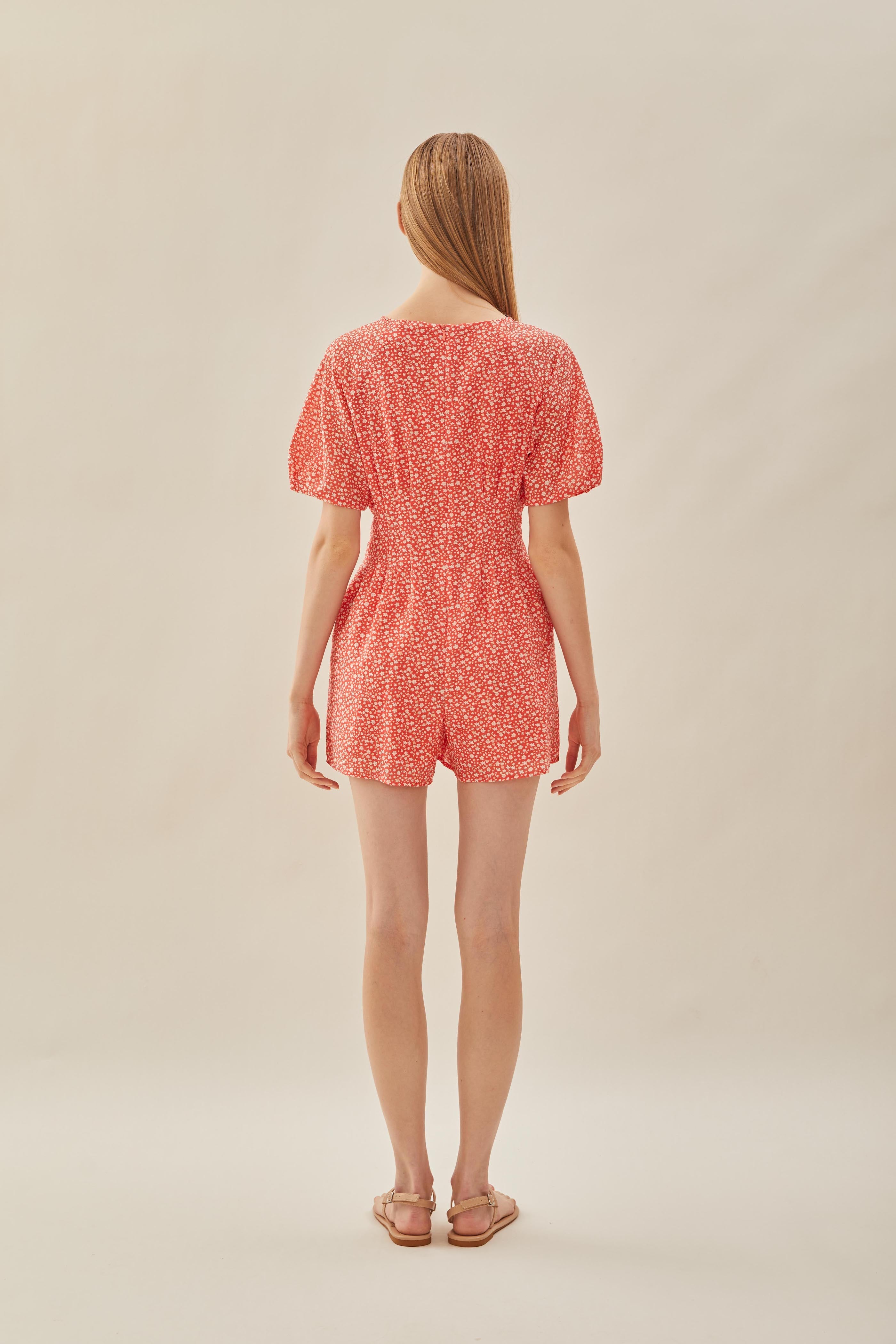 Pleated Waist Romper in Red Bloom