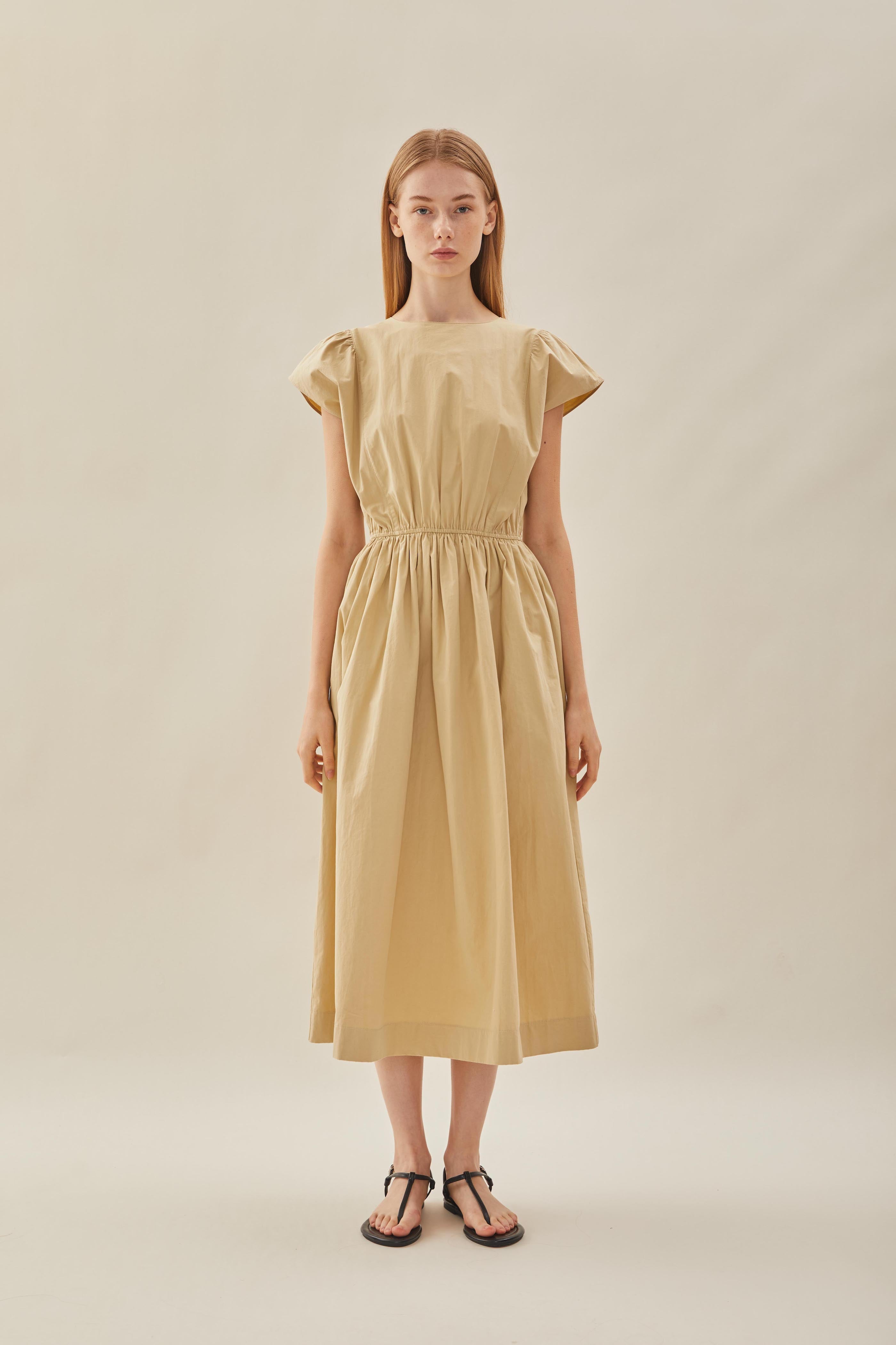 Cotton Gathered Waist Dress in Custard