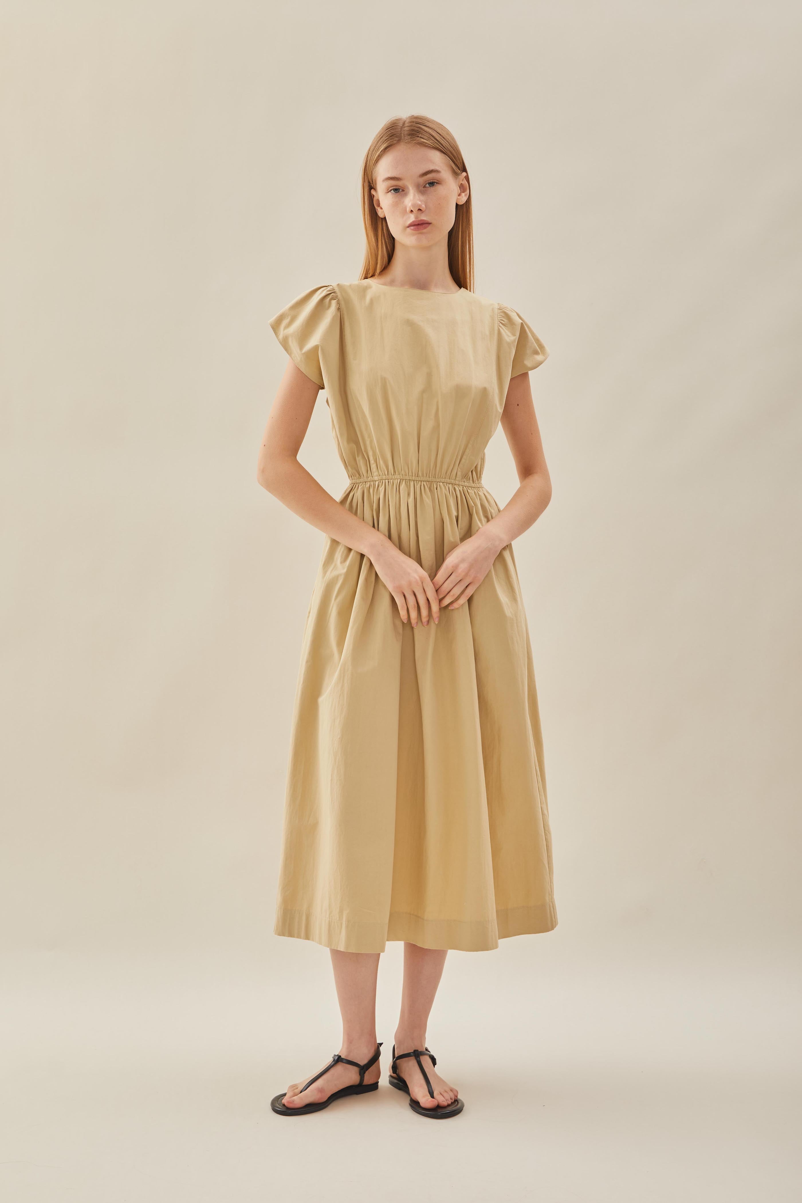 Cotton Gathered Waist Dress in Custard