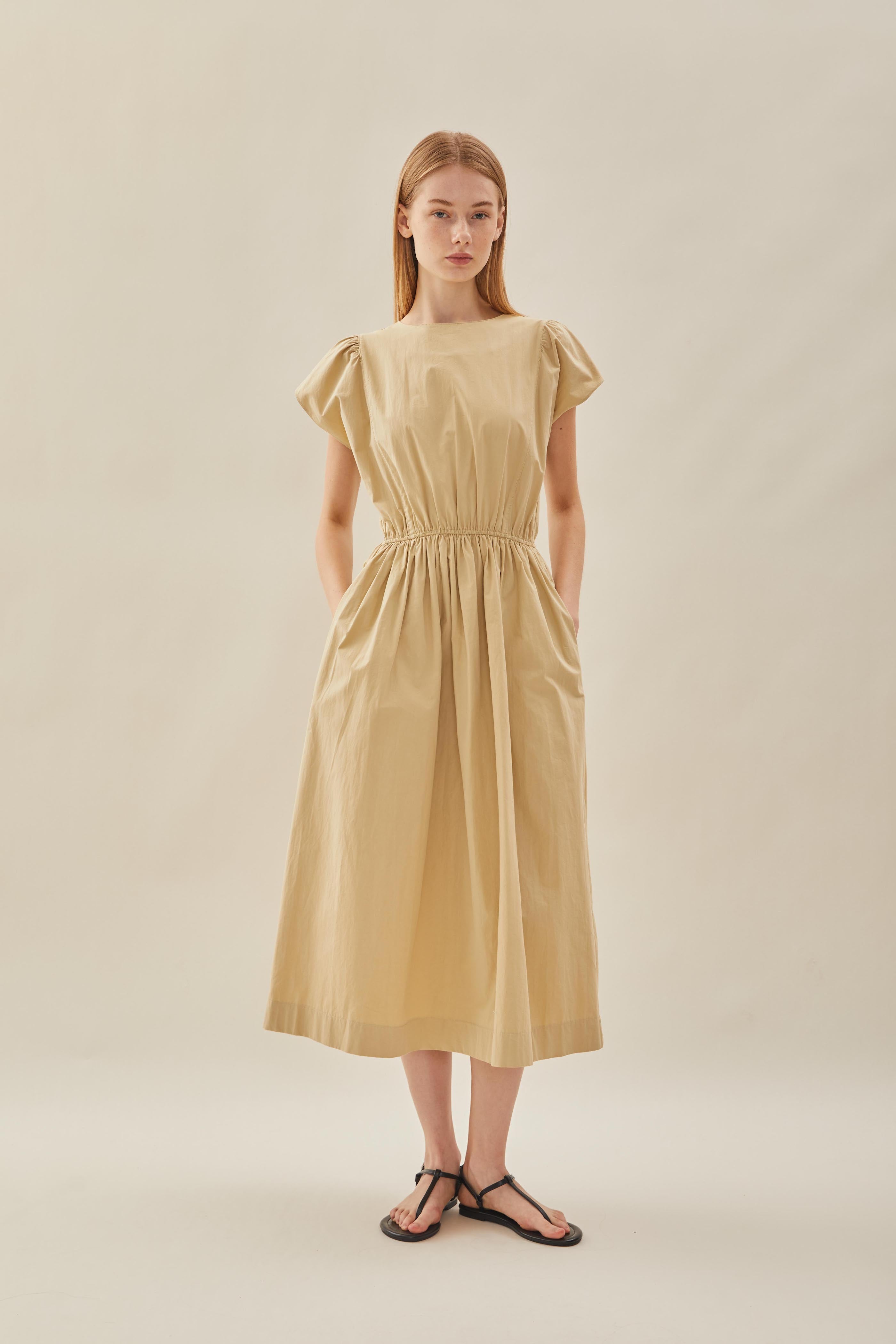 Cotton Gathered Waist Dress in Custard