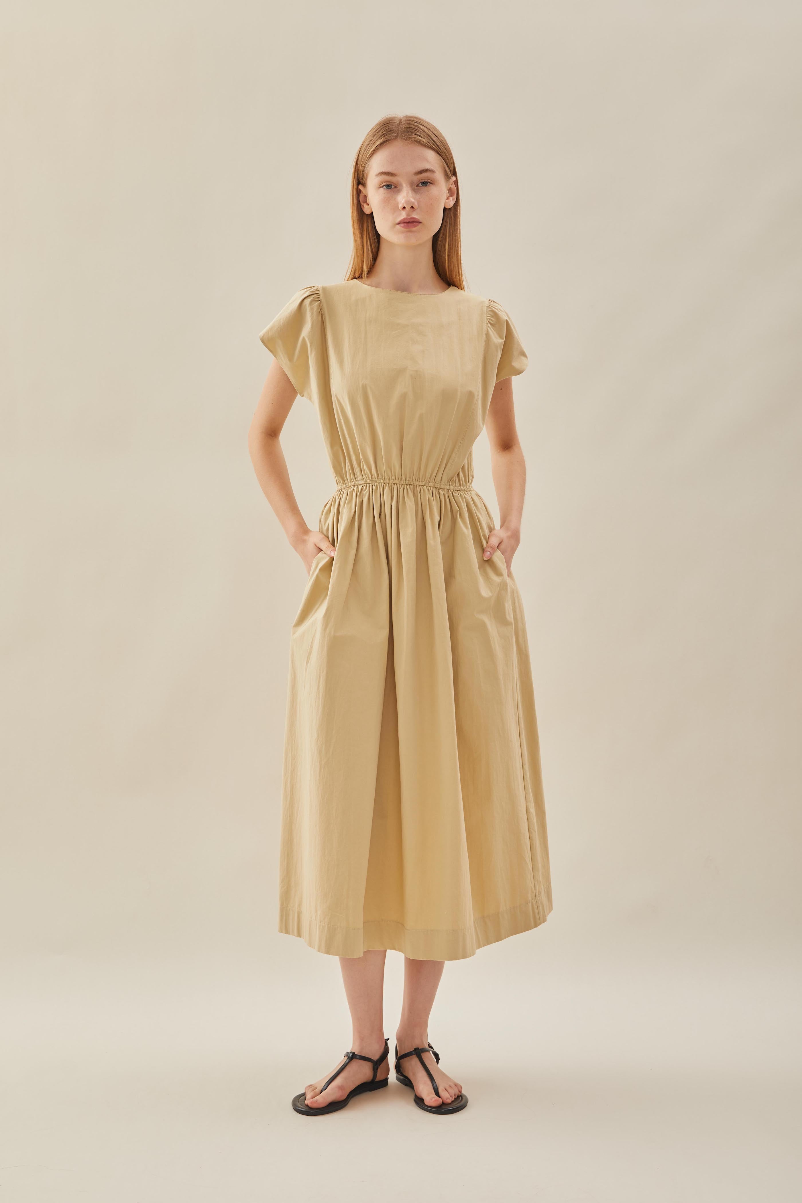 Cotton Gathered Waist Dress in Custard