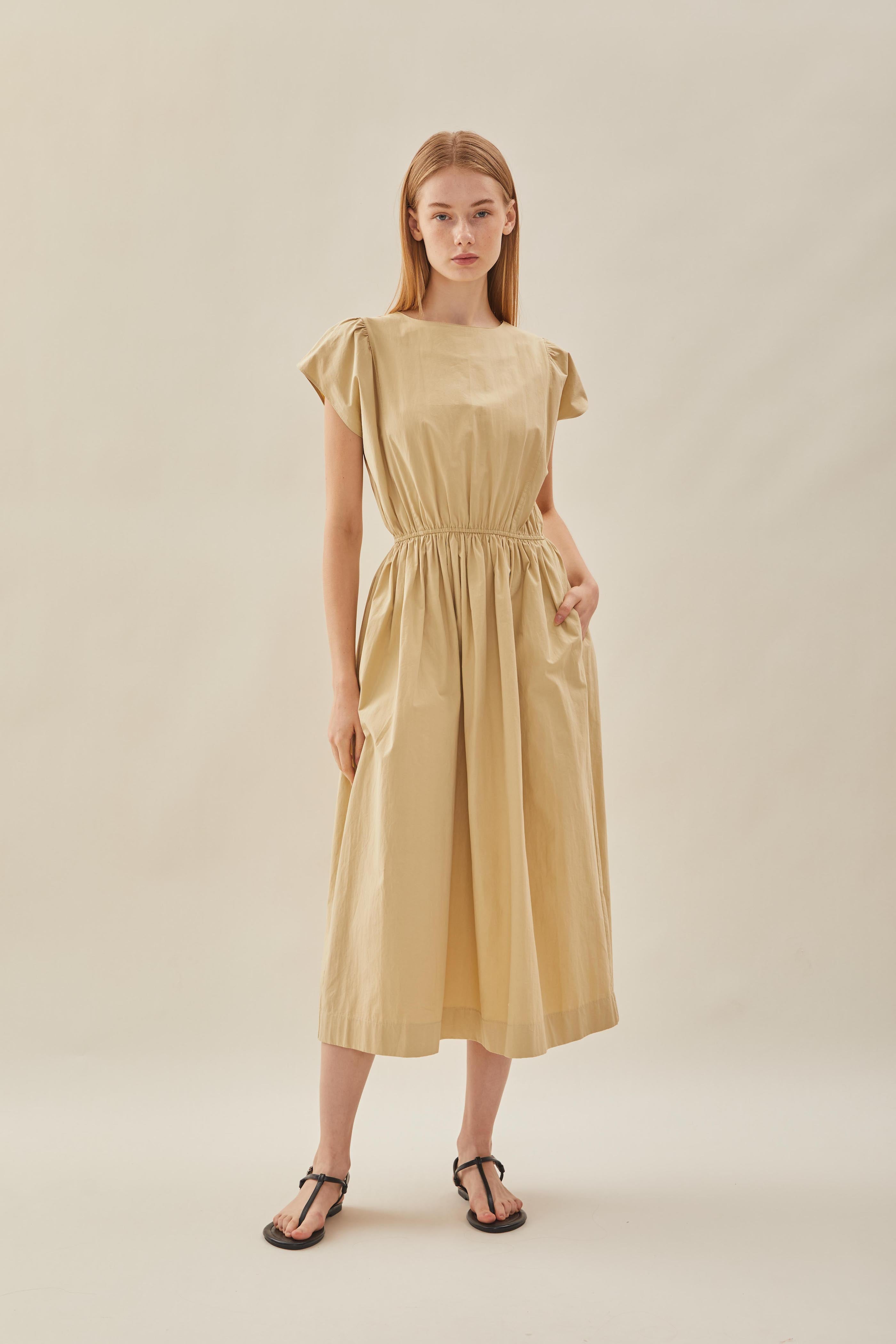 Cotton Gathered Waist Dress in Custard