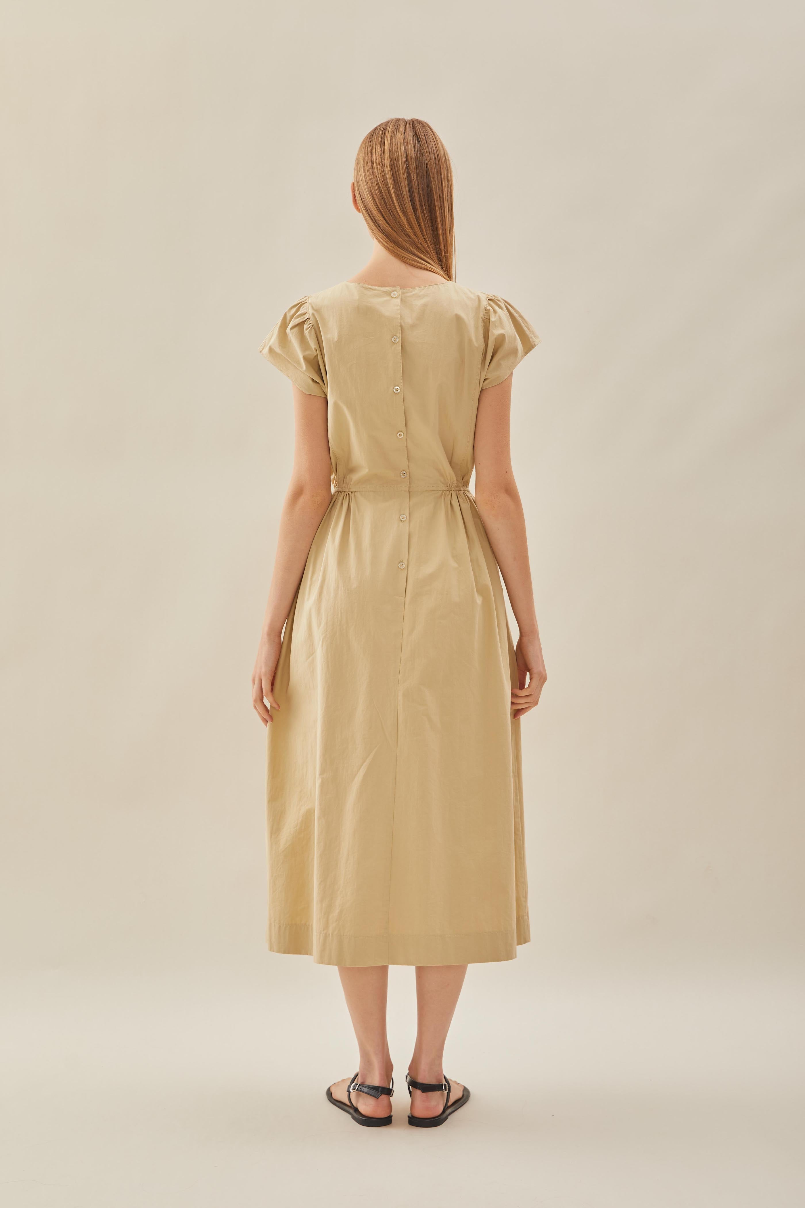 Cotton Gathered Waist Dress in Custard