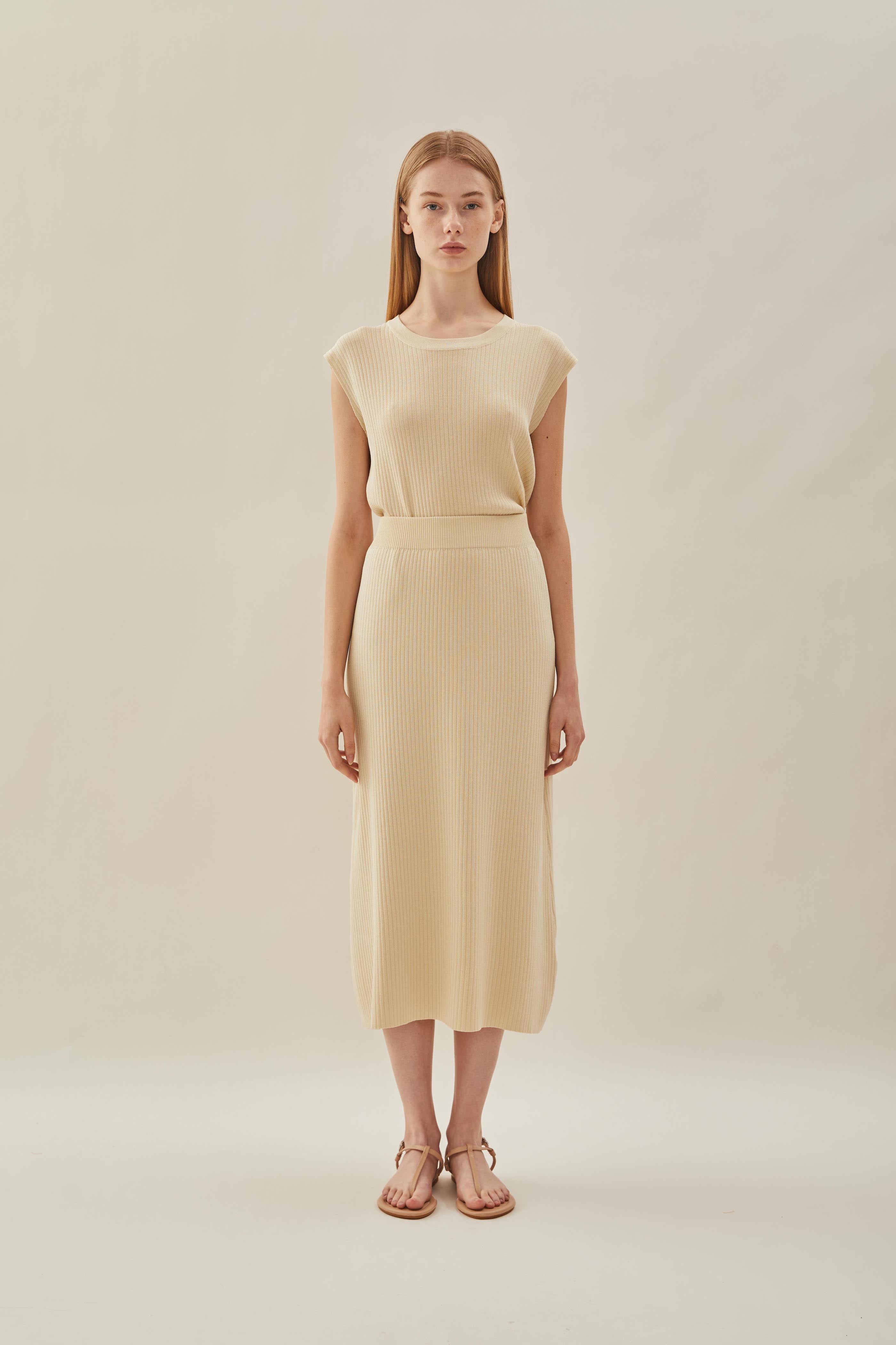 Knitted Round Neck Sleeveless Top in Natural