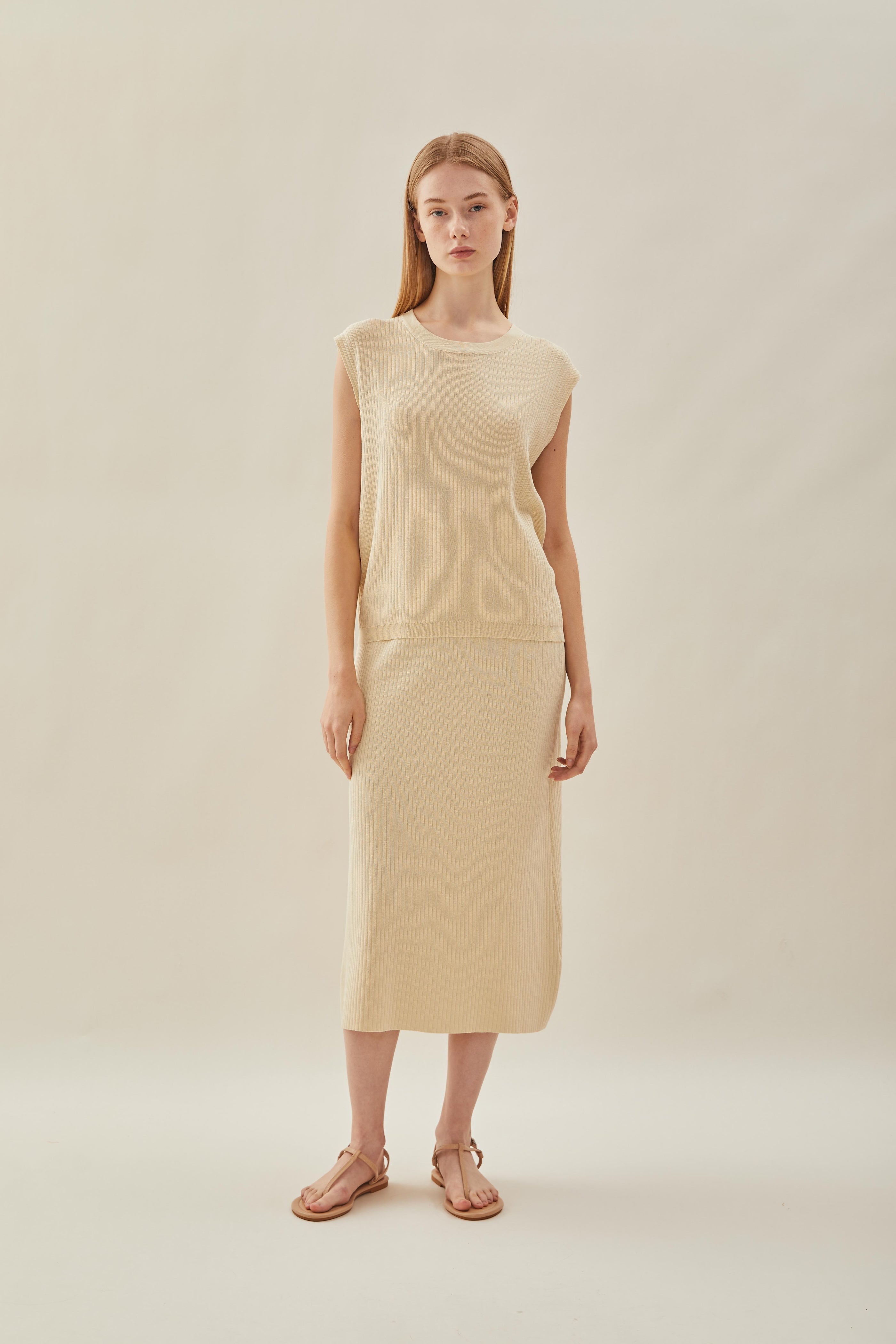 Knitted Round Neck Sleeveless Top in Natural
